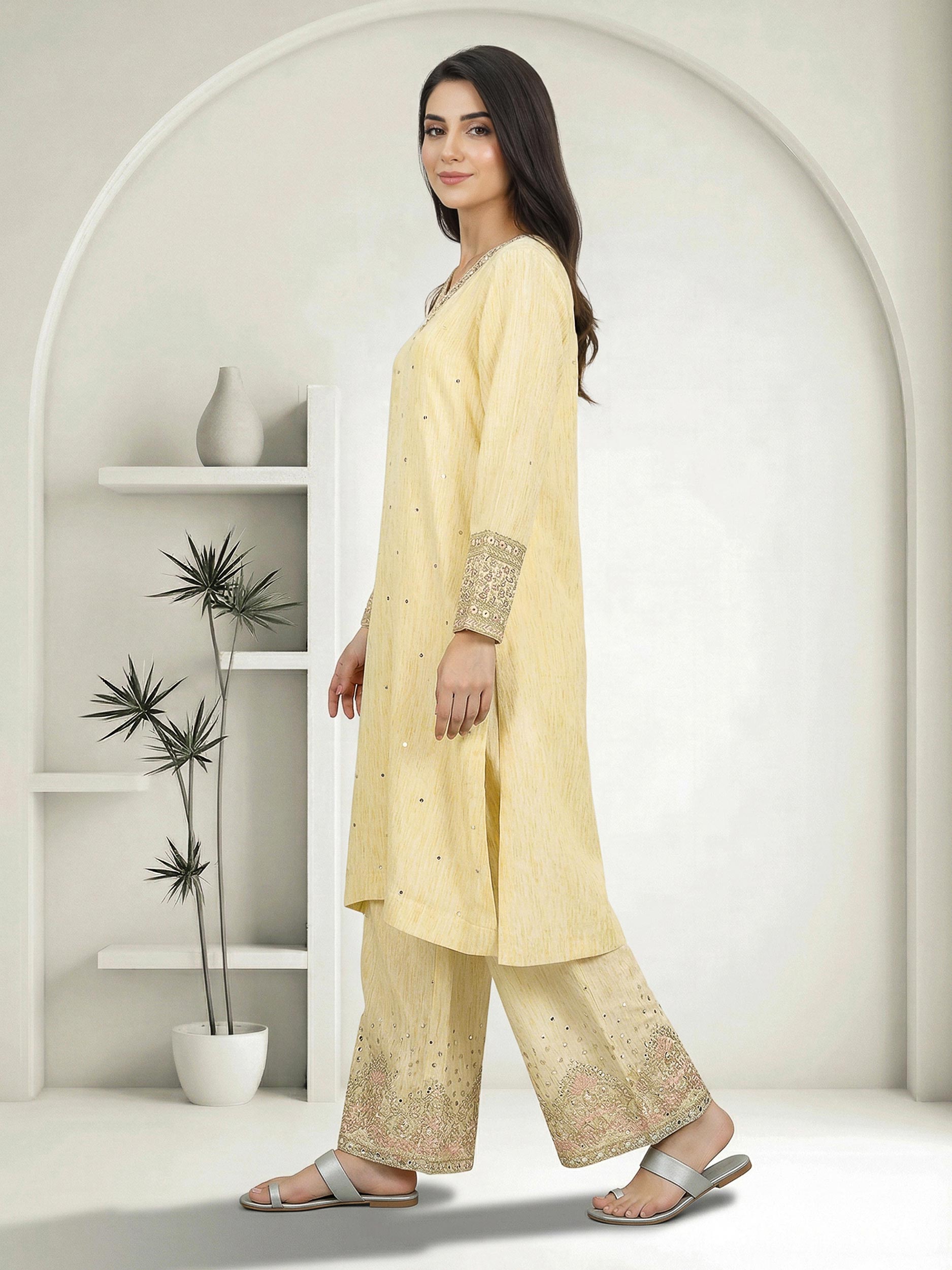 2 Piece Viscose Glitter Suit- Embroidered (Pret)