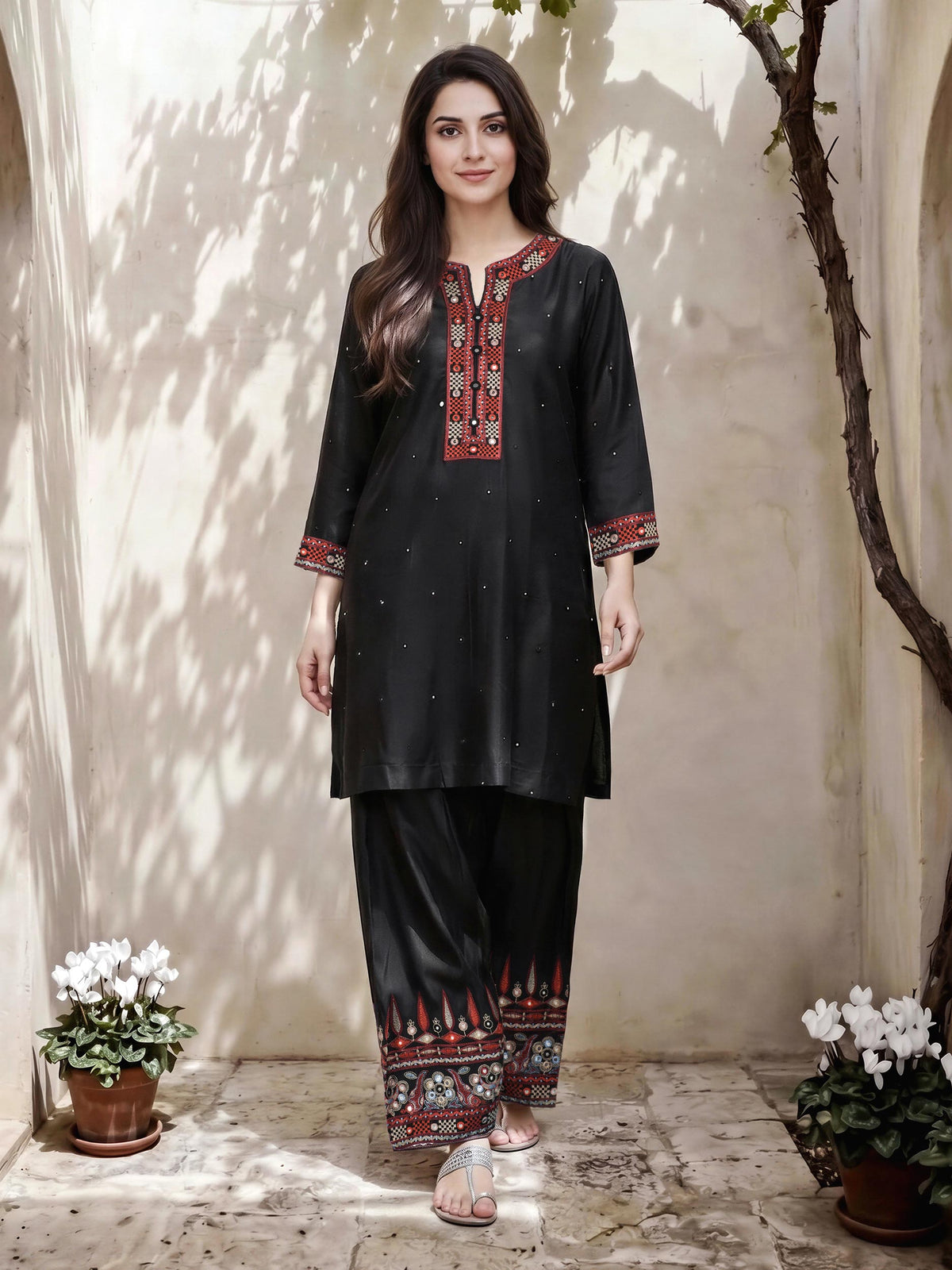2 Piece Raw Silk Suit- Embroidered (Pret)