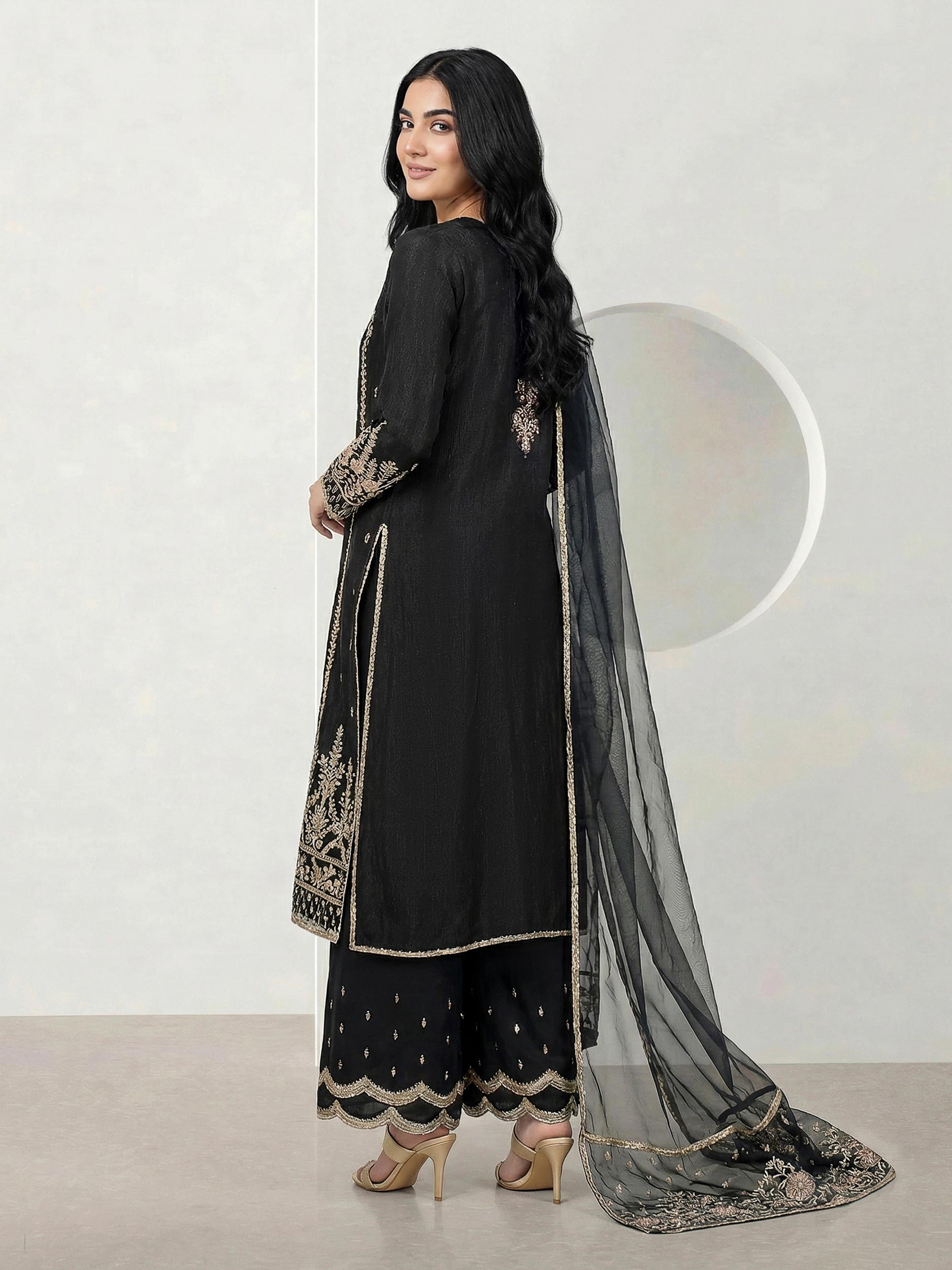 3 Piece Viscose Glitter Suit- Embroidered (Pret)