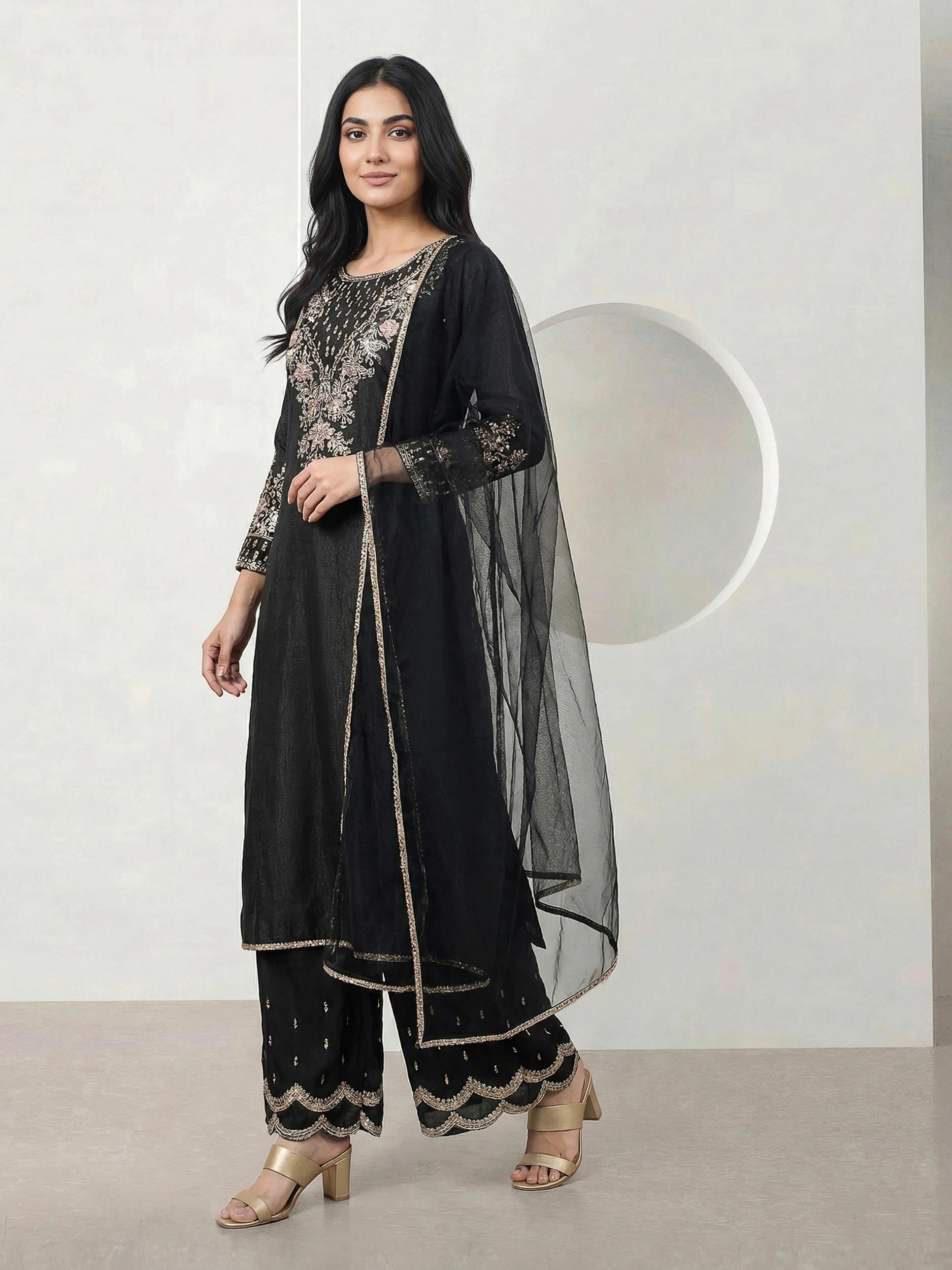 3 Piece Viscose Glitter Suit- Embroidered (Pret)