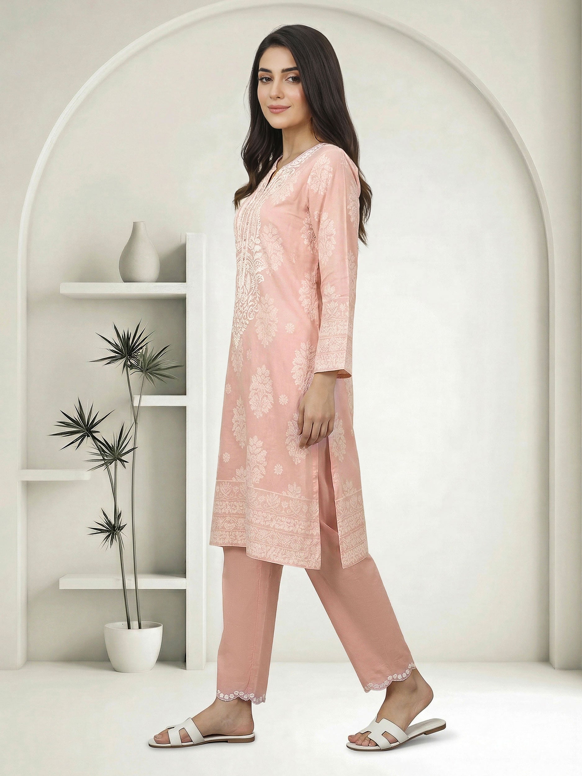 2 Piece Self Jacqurad Suit- Embroidered (Pret)
