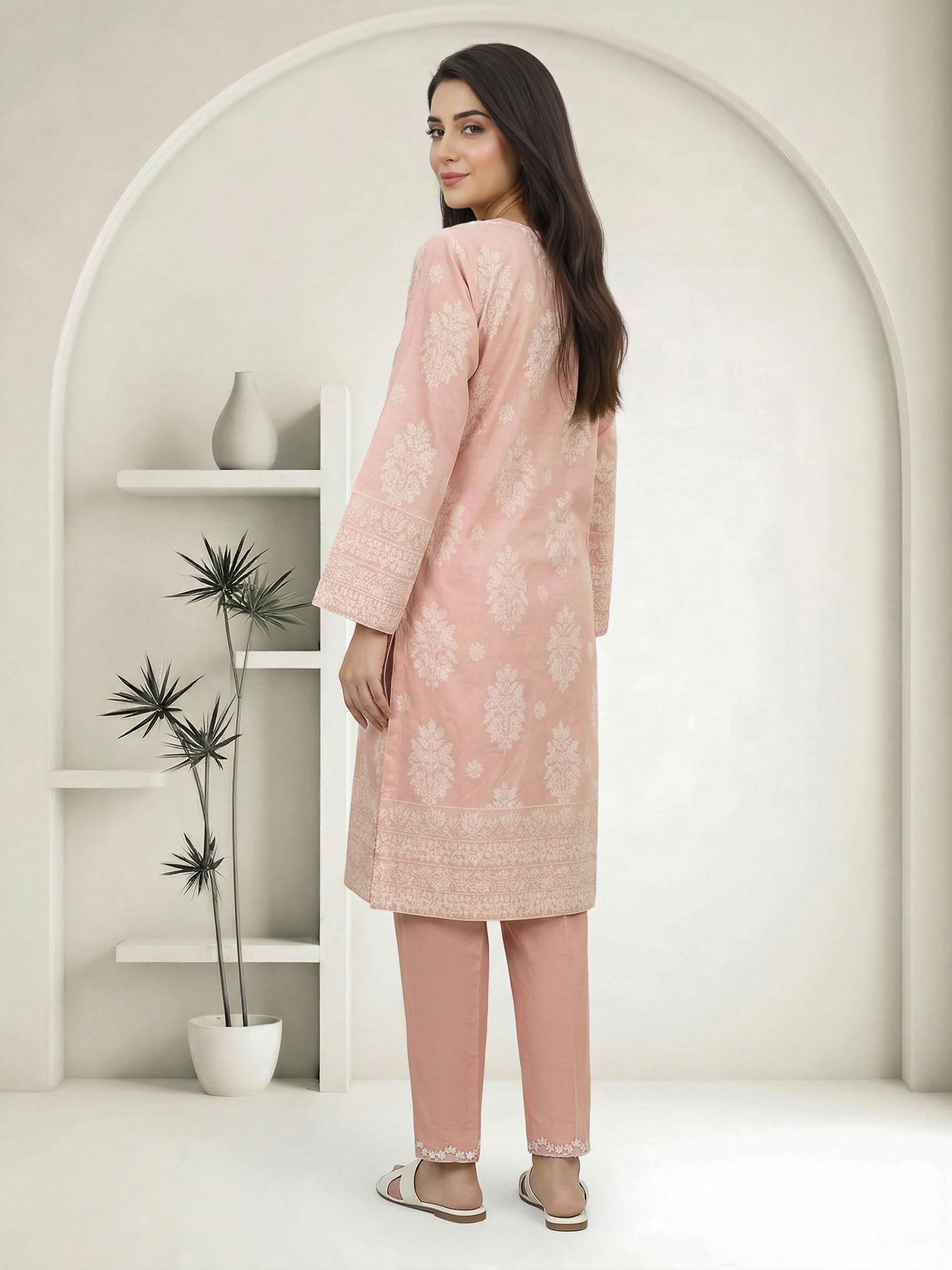 2 Piece Self Jacqurad Suit- Embroidered (Pret)