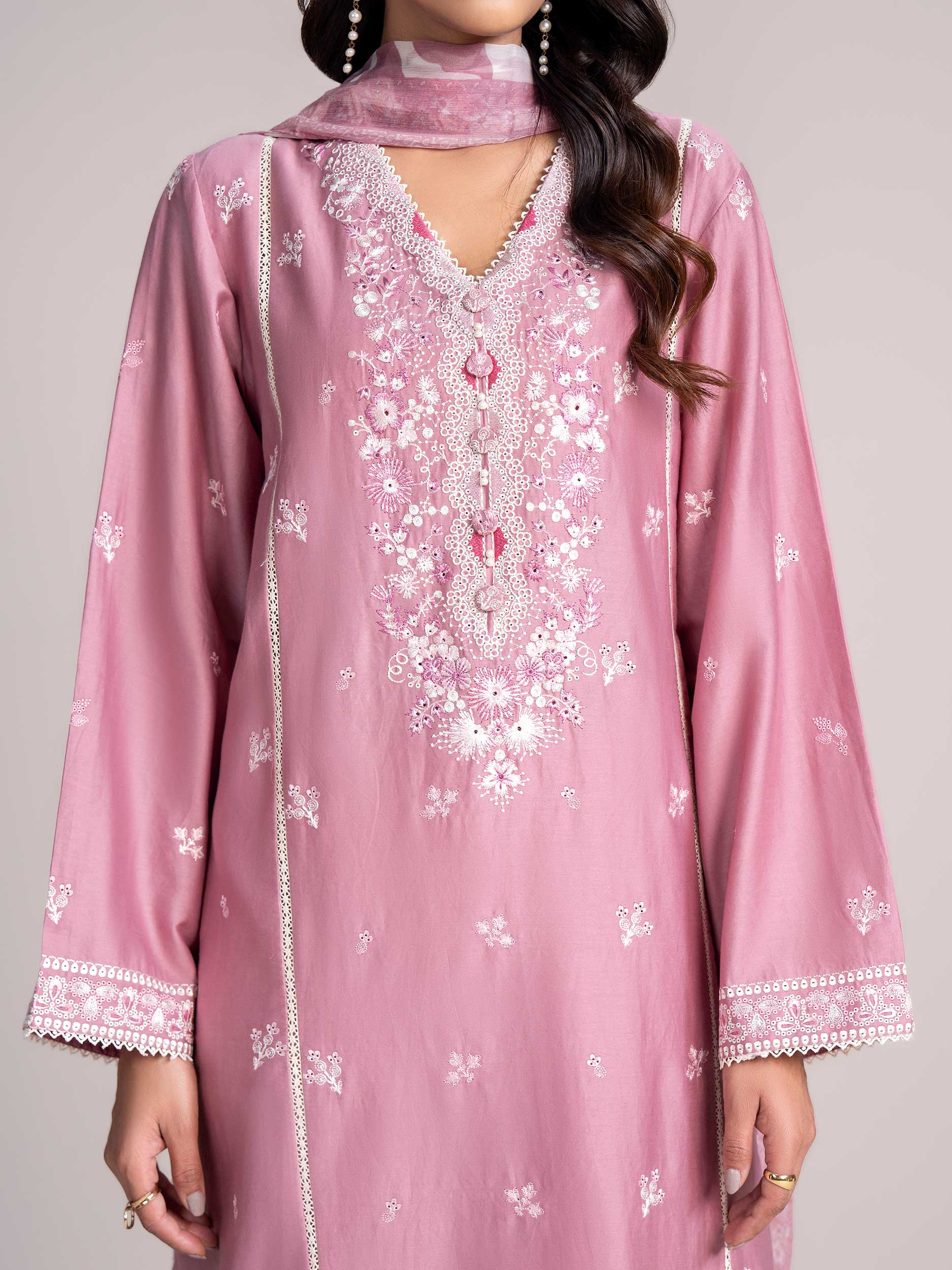3-Piece Satin Suit- Embroidered (Pret)
