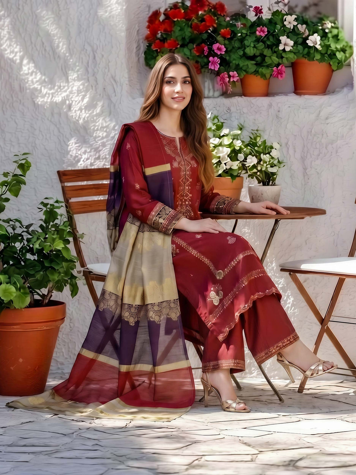 3 Piece Cotton Net Suit- Embroidered (Pret)
