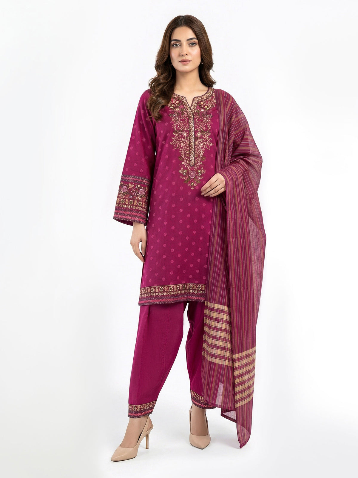 3 Piece Raw Silk Suit- Embroidered (Pret)