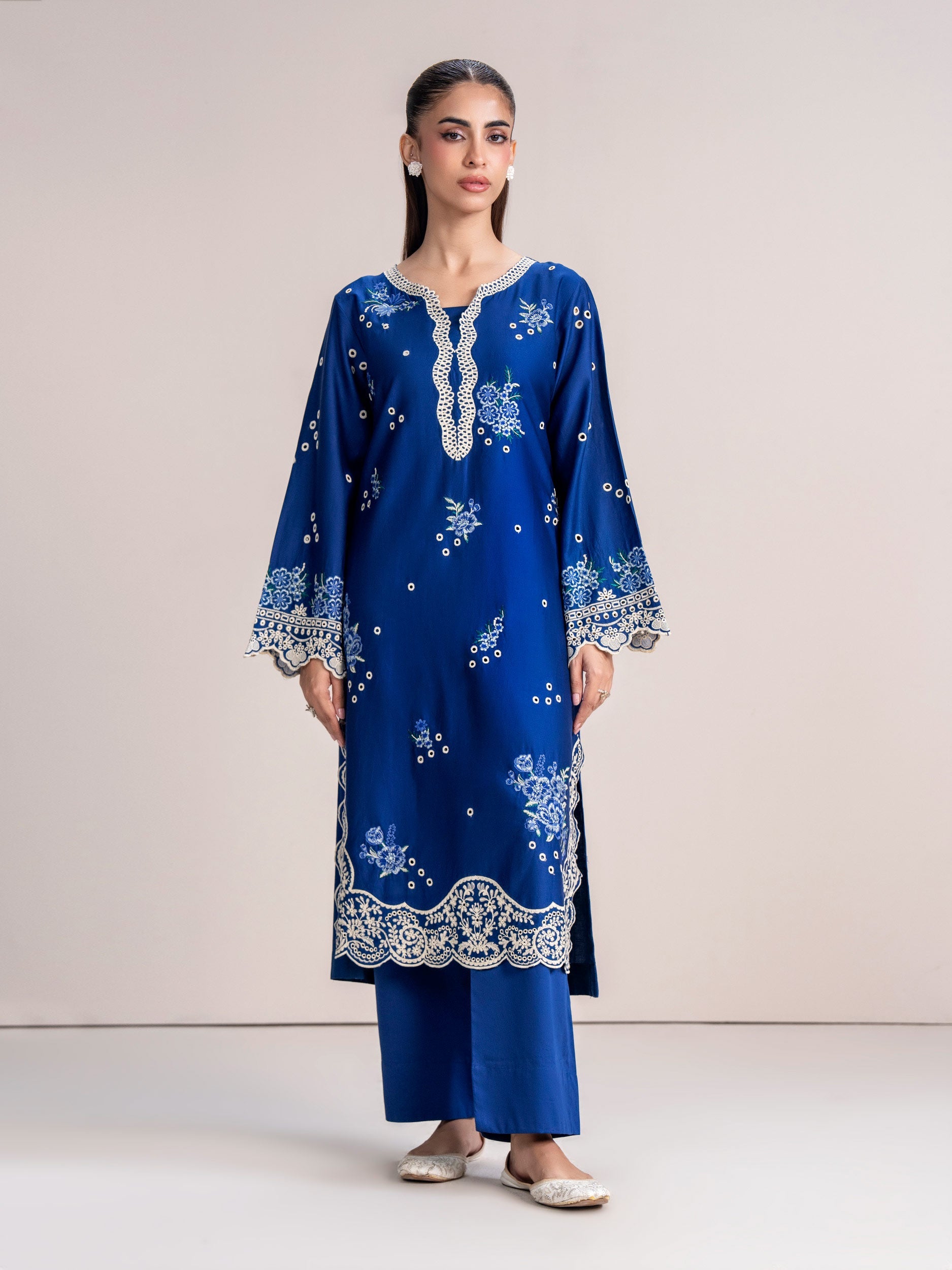 2 Piece Satin Suit- Embroidered (Pret)