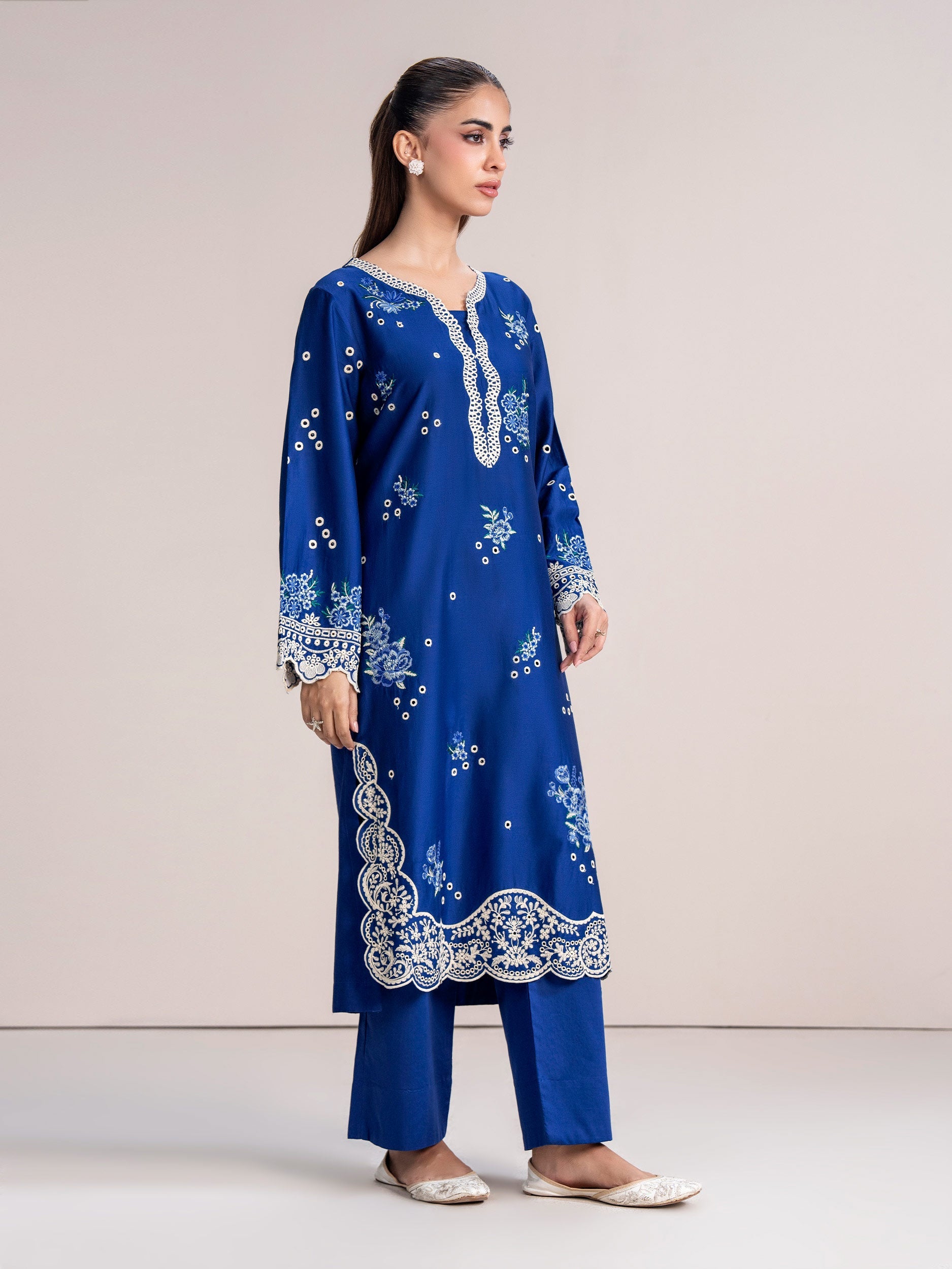 2 Piece Satin Suit- Embroidered (Pret)