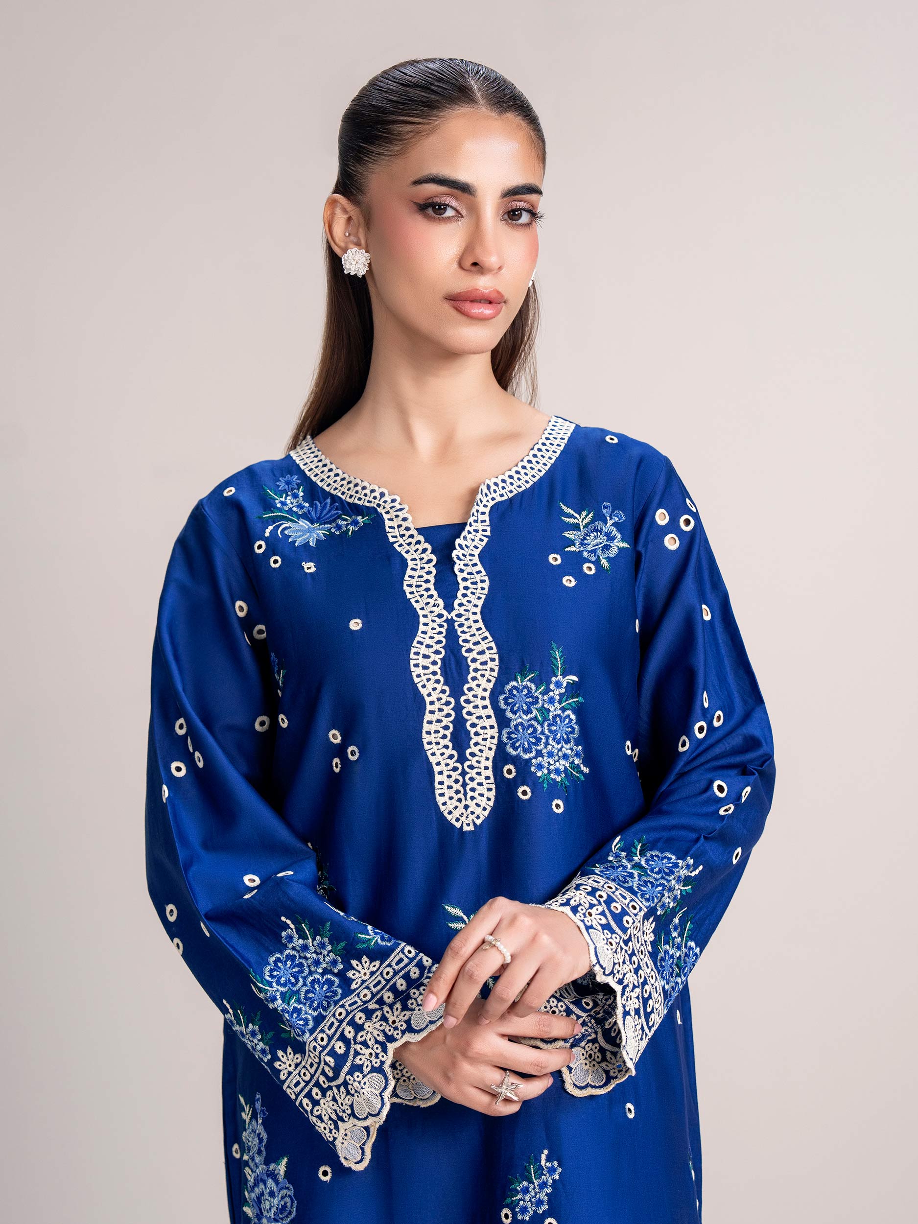 2 Piece Satin Suit- Embroidered (Pret)