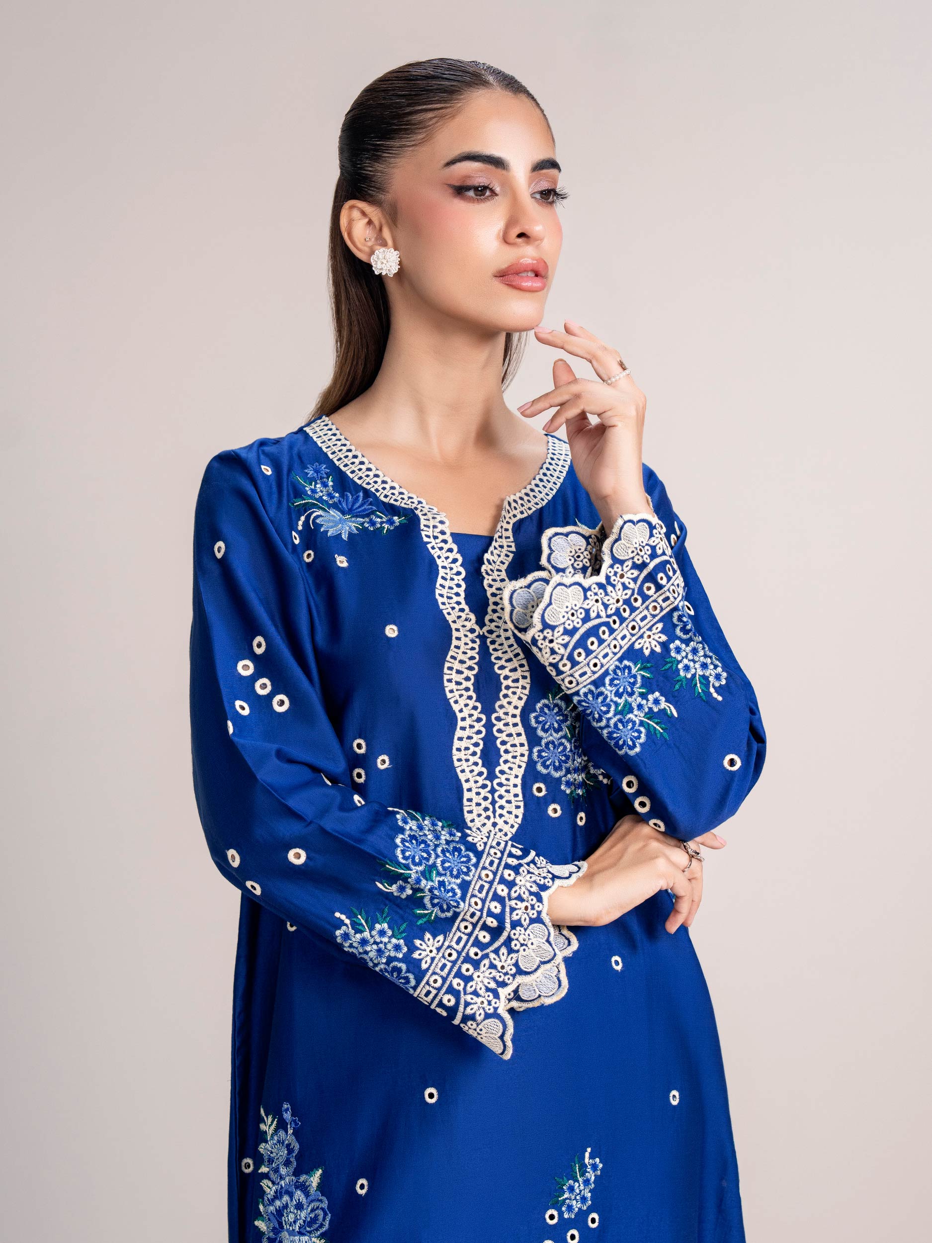 2 Piece Satin Suit- Embroidered (Pret)