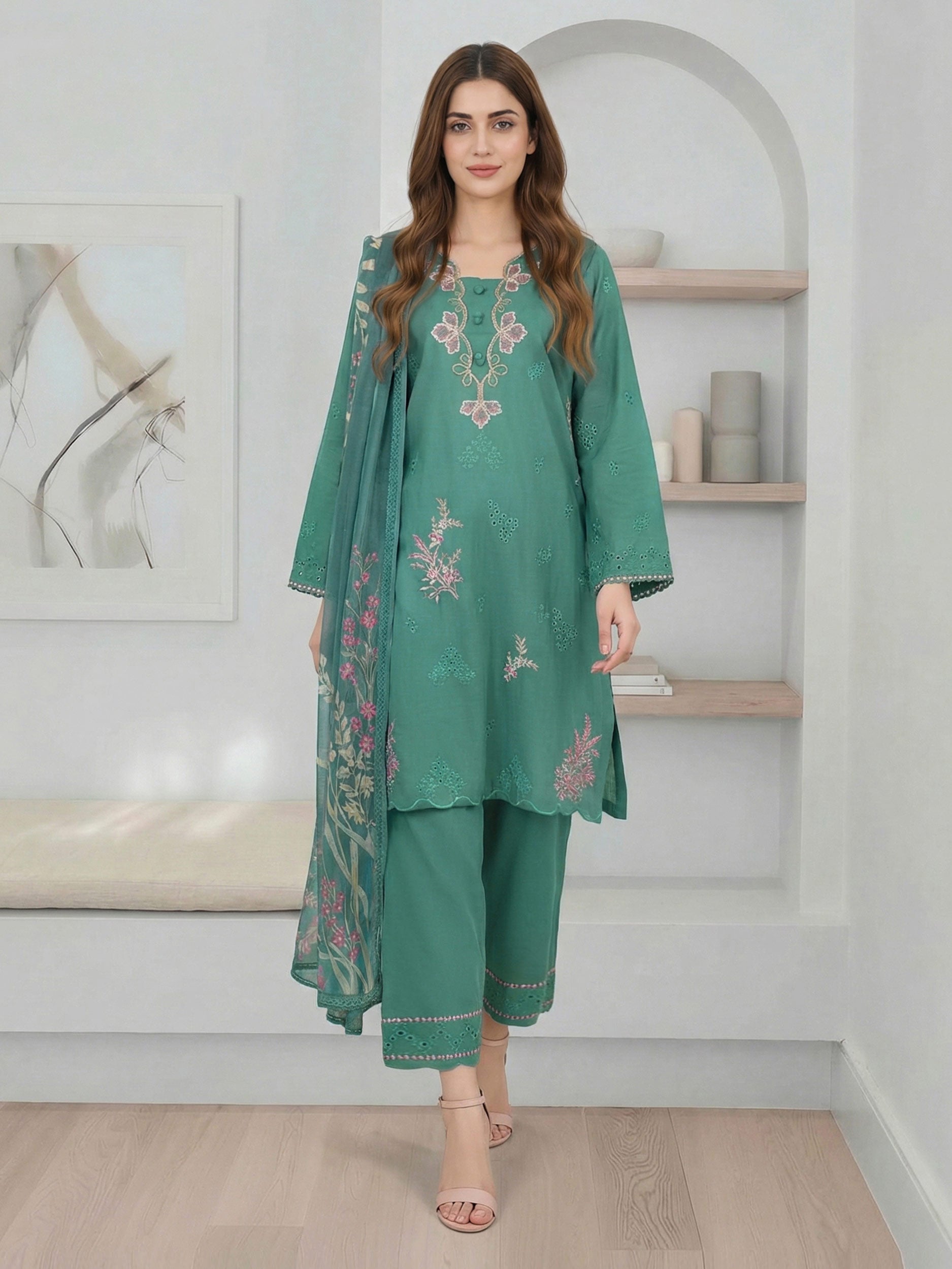 3 Piece Viscose Slub Suit- Embroidered (Pret)