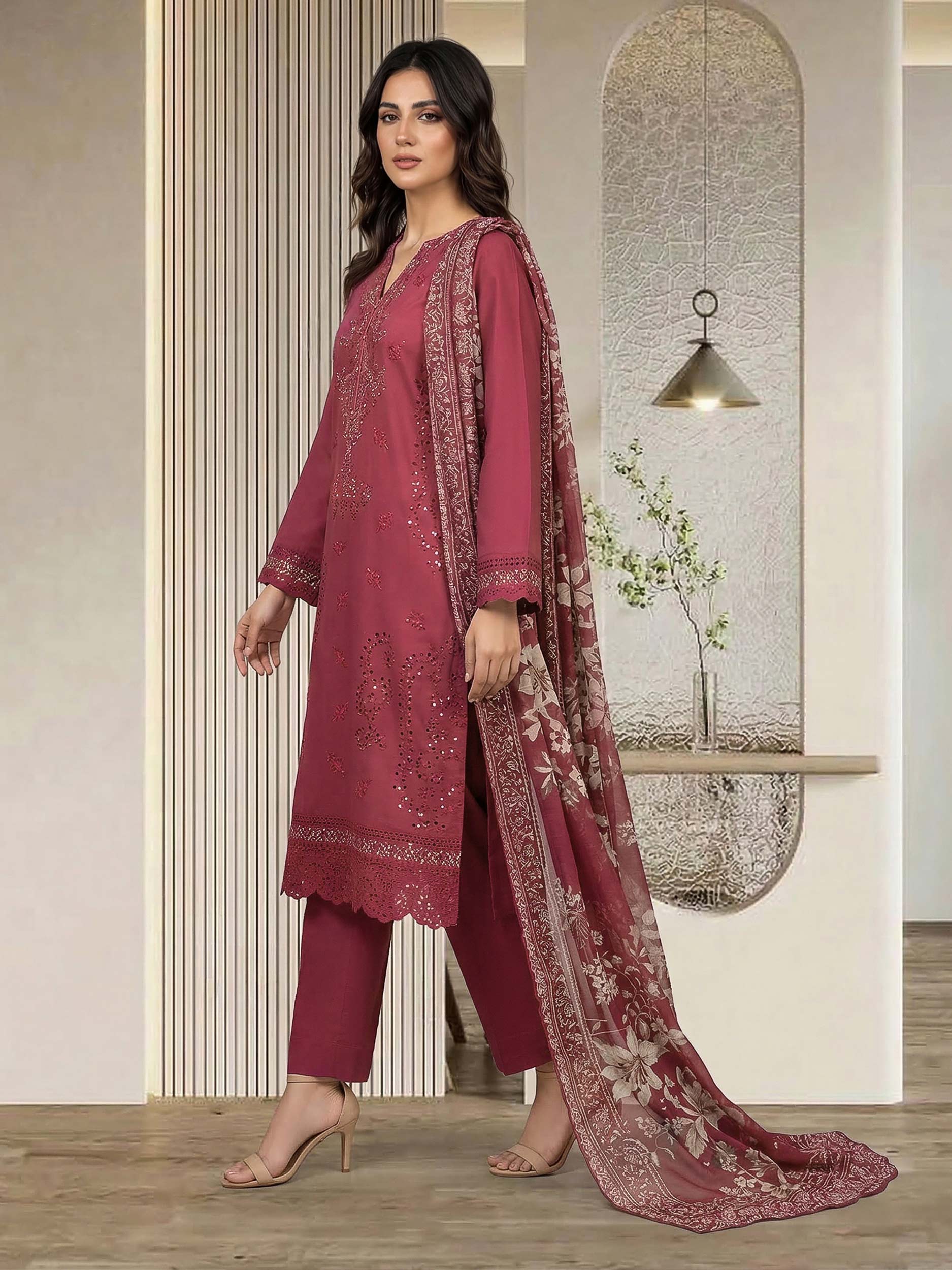 3 Piece Lawn Slub Suit- Embroidered (Pret)