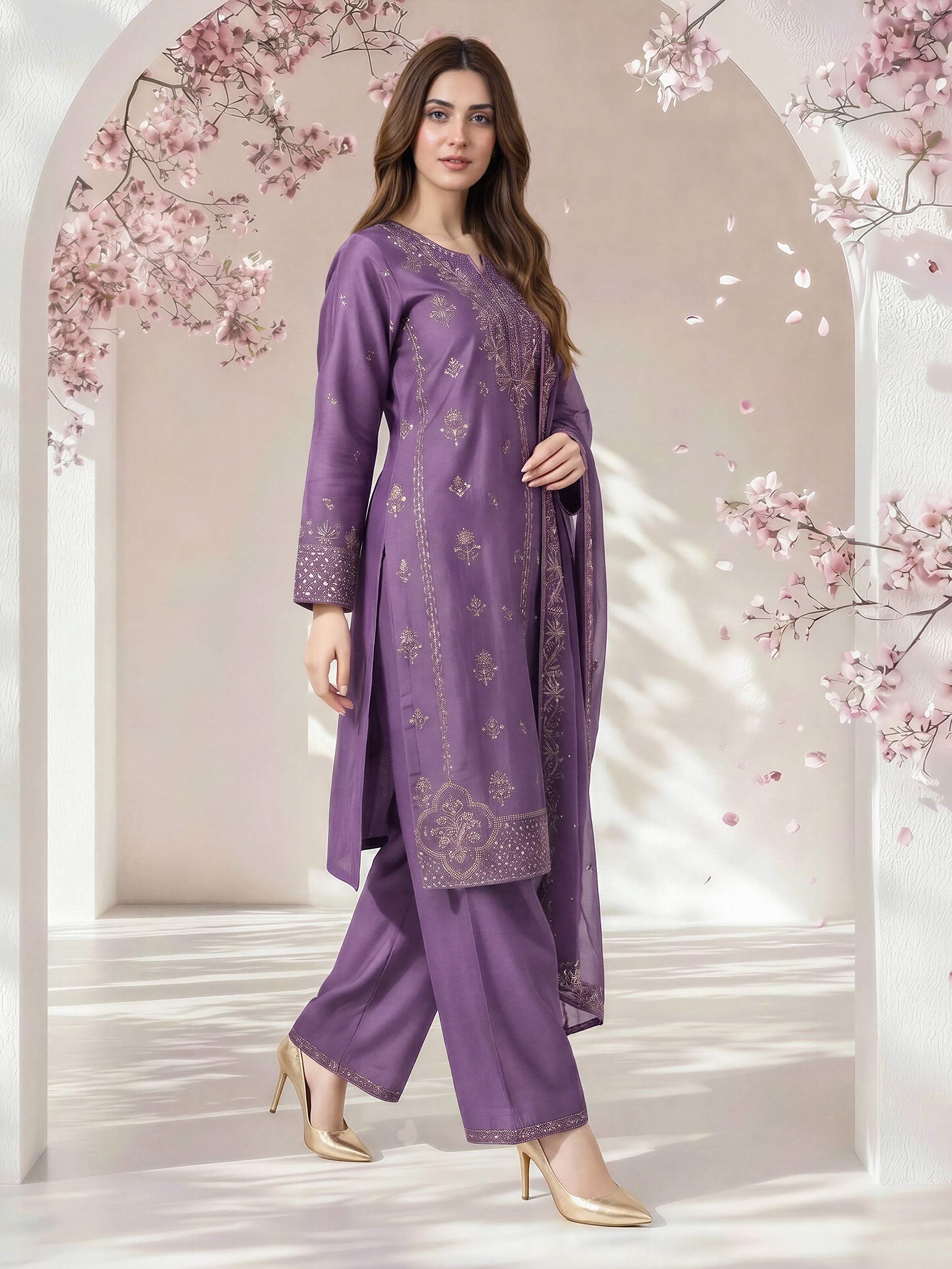 3 Piece Dobby Suit- Embroidered (Pret)