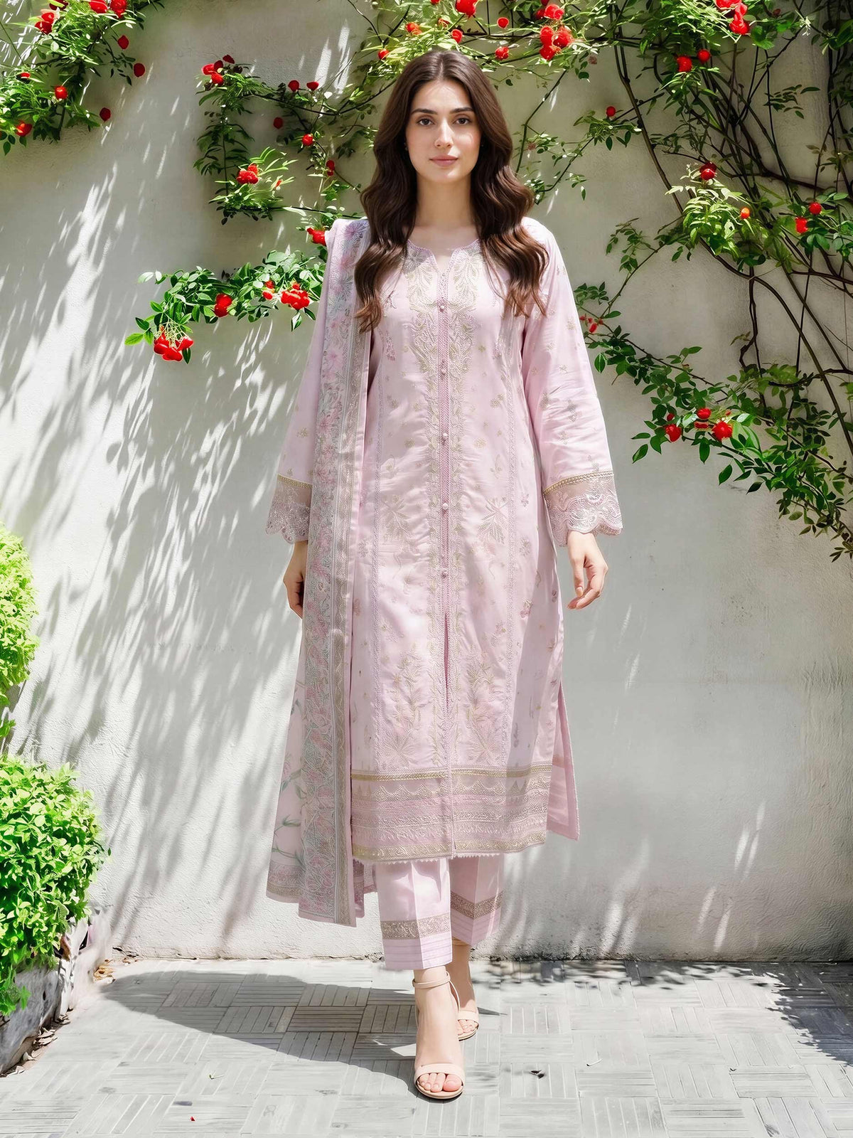 3 Piece Cotton Net Suit- Embroidered (Pret)
