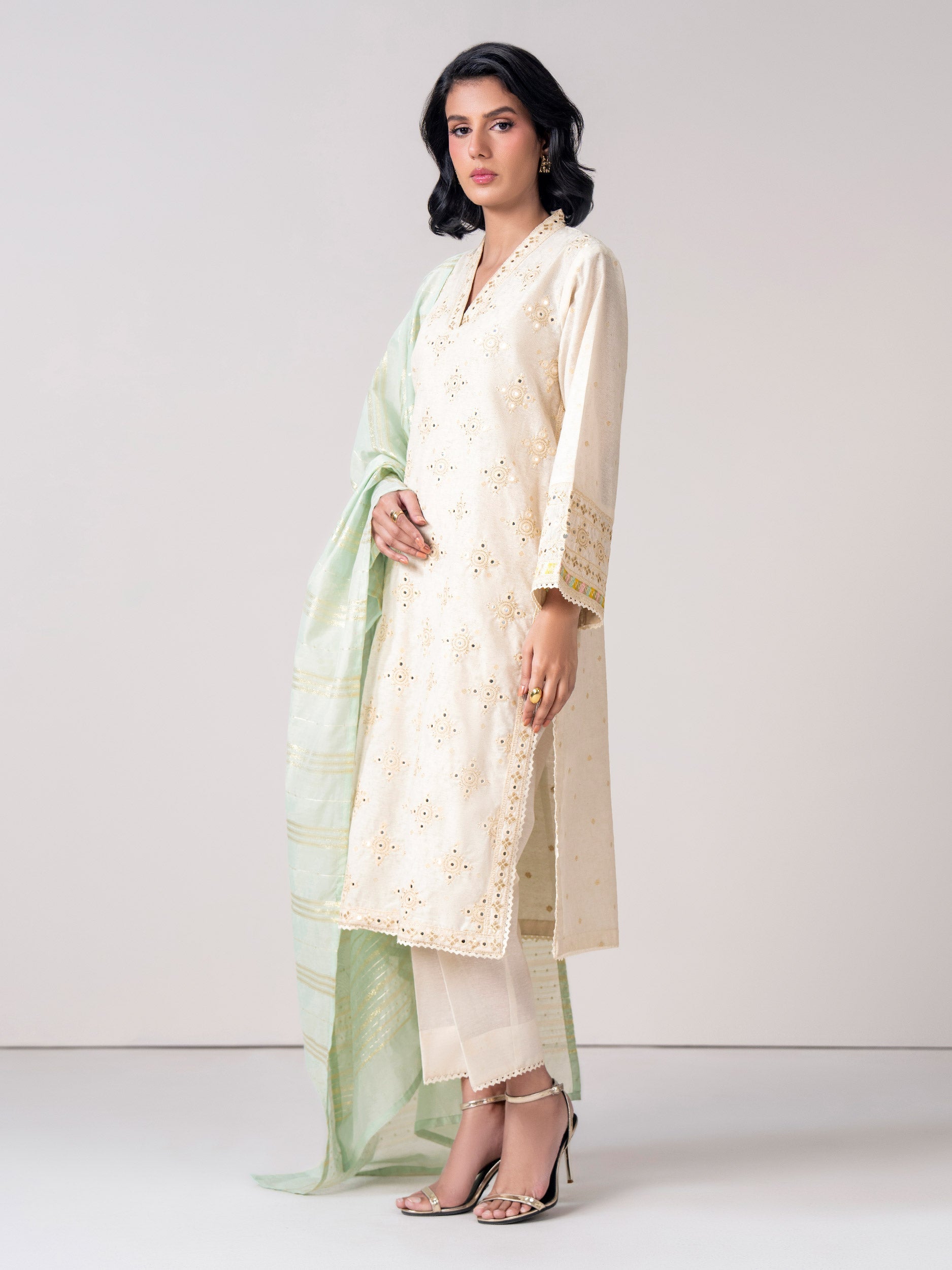 3 Piece Self Jacquard Suit- Embroidered (Pret)