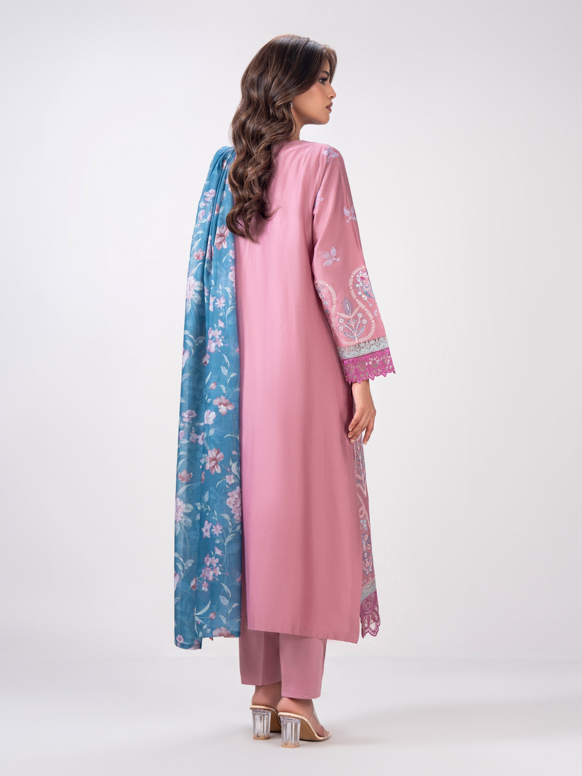 3 Piece Satin Suit- Embroidered (Pret)