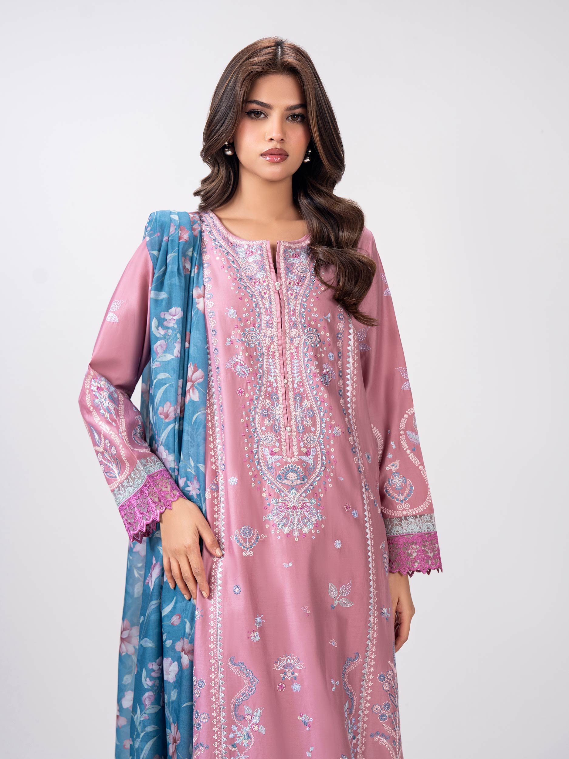 3 Piece Satin Suit- Embroidered (Pret)