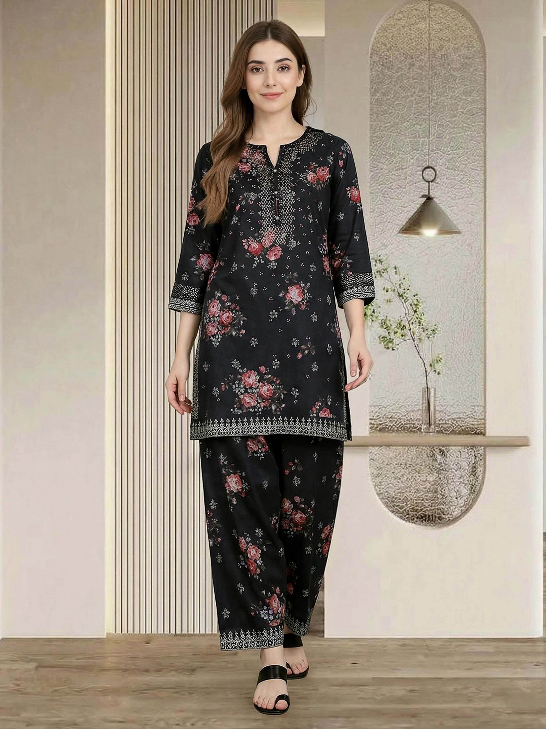 2 Piece Satin Suit- Embroidered (Pret)
