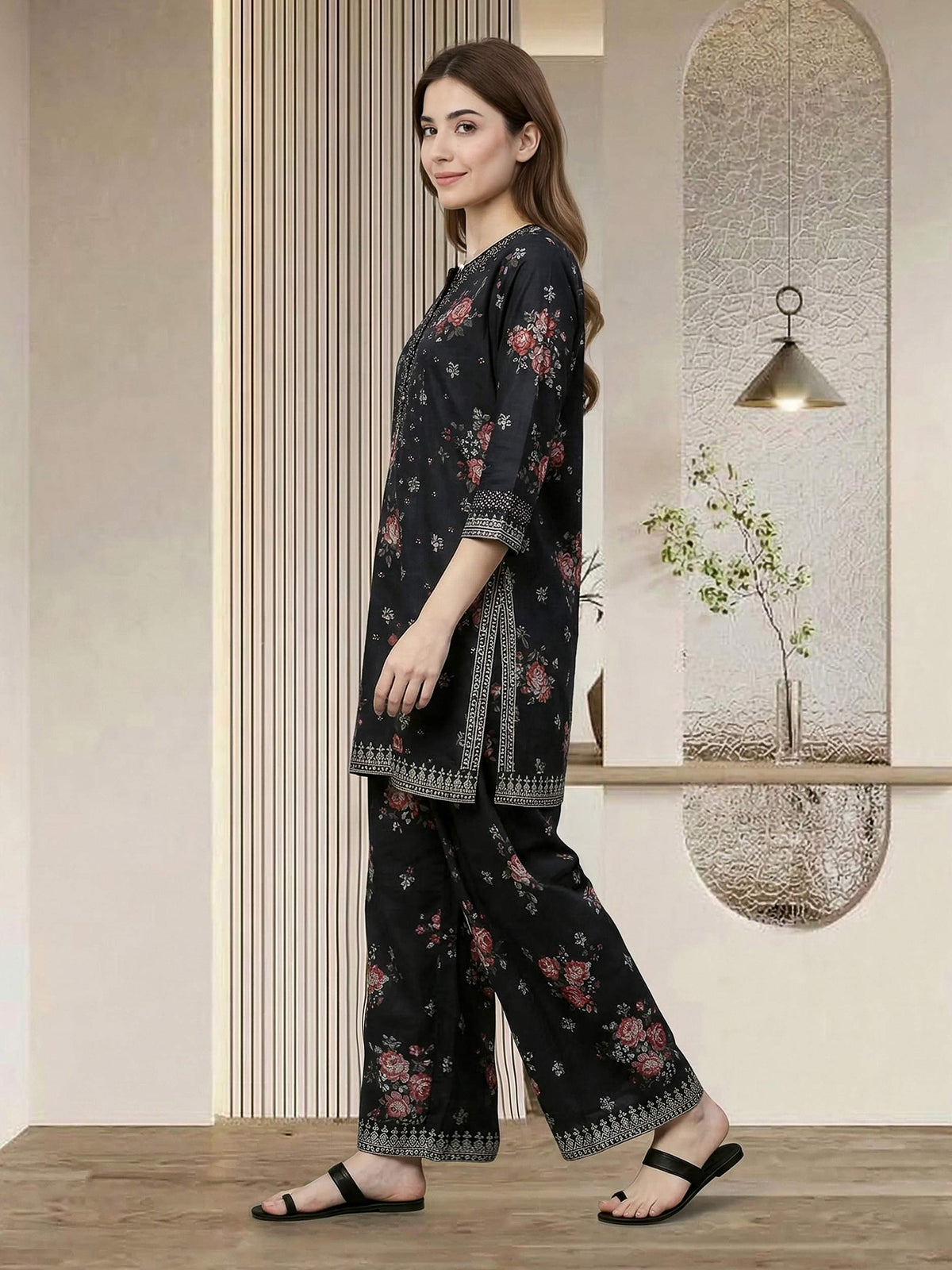 2 Piece Satin Suit- Embroidered (Pret)