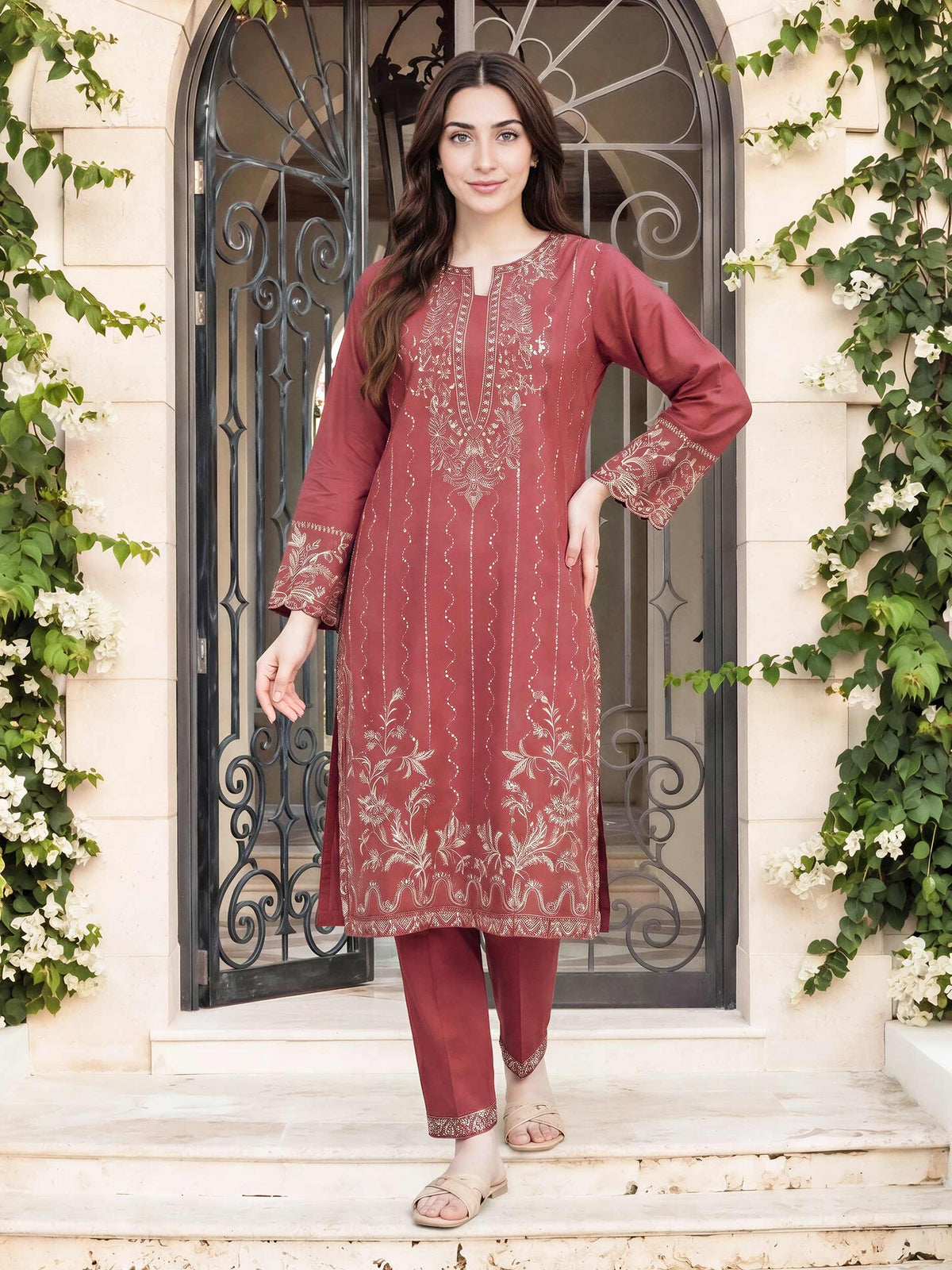 2 Piece Self Jacquard Suit- Embroidered (Pret)