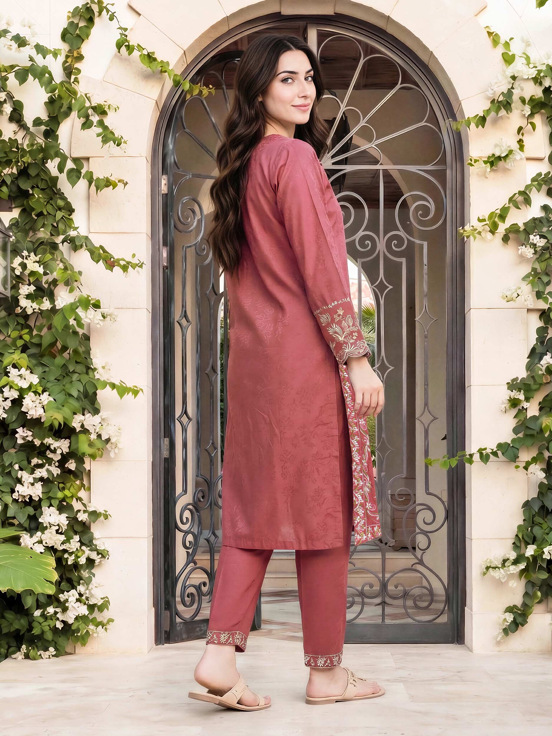 2 Piece Self Jacquard Suit- Embroidered (Pret)