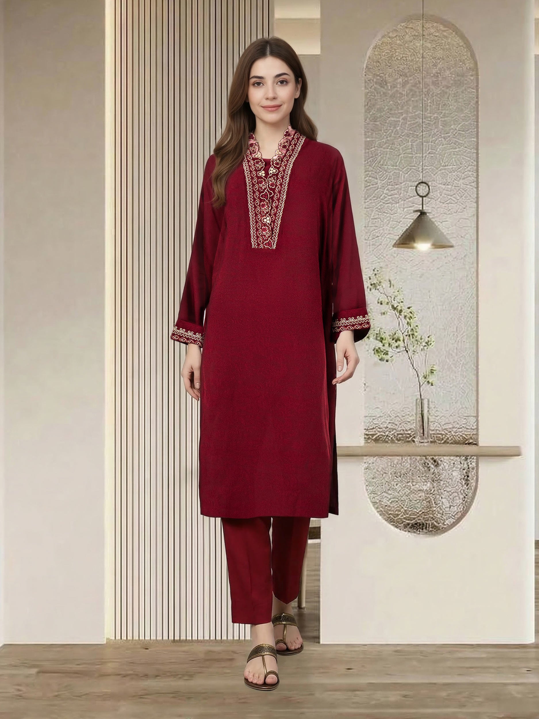 2 Piece Self Jacquard Suit- Embroidered (Pret)