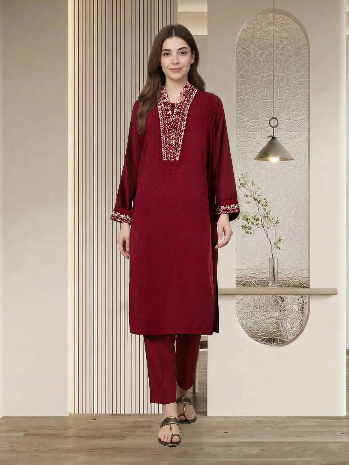 2 Piece Self Jacquard Suit- Embroidered (Pret)