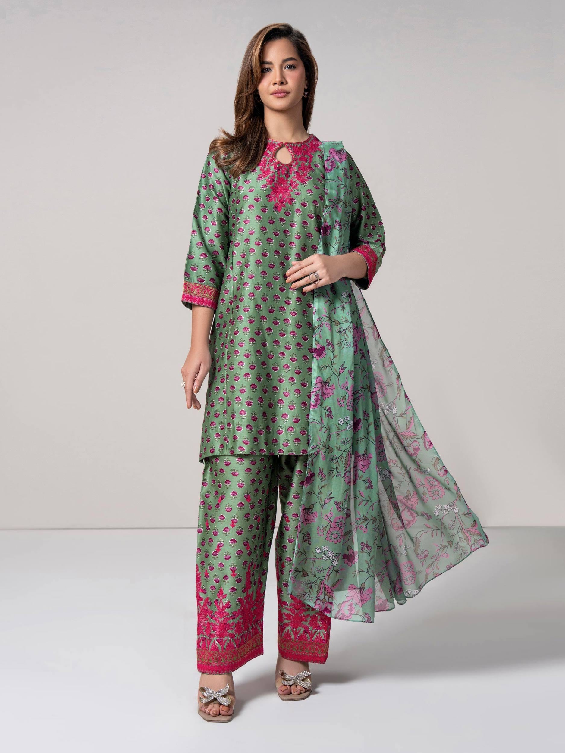 3 Piece Satin Suit- Embroidered (Pret)