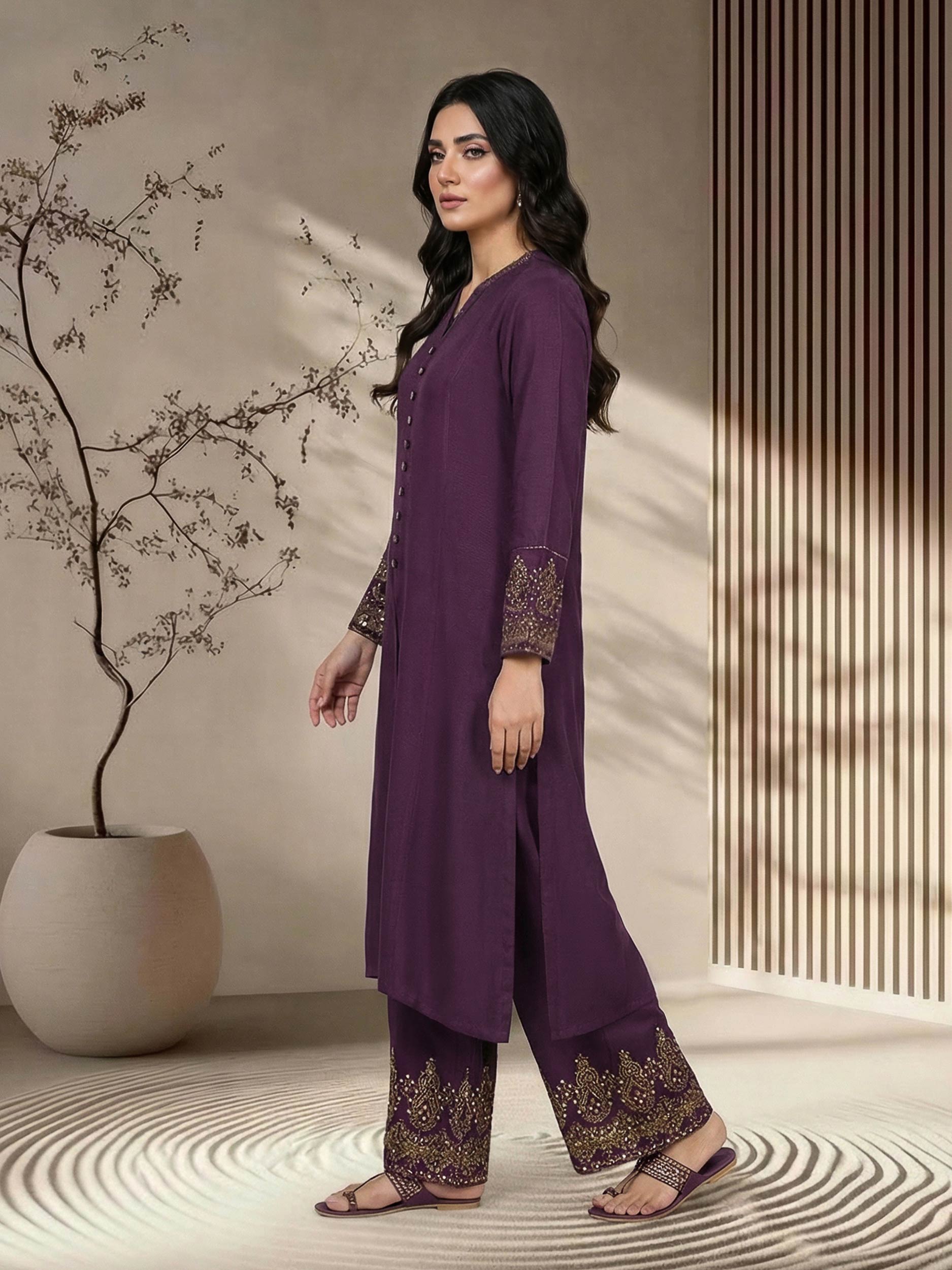 2 Piece Zari Karandi Suit- Embroidered (Pret)