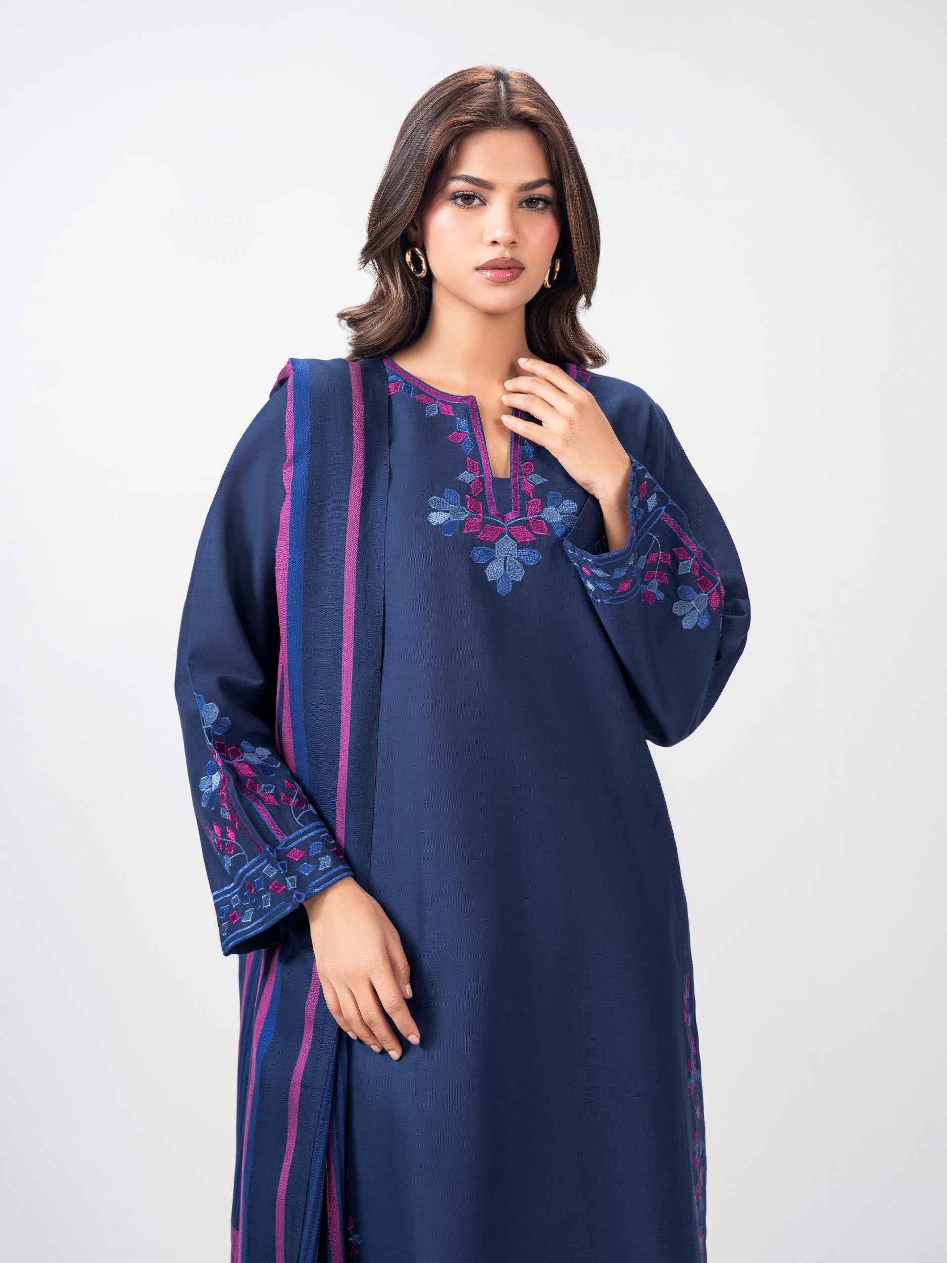 3 Piece Slub Khaddar Suit- Embroidered (Pret)