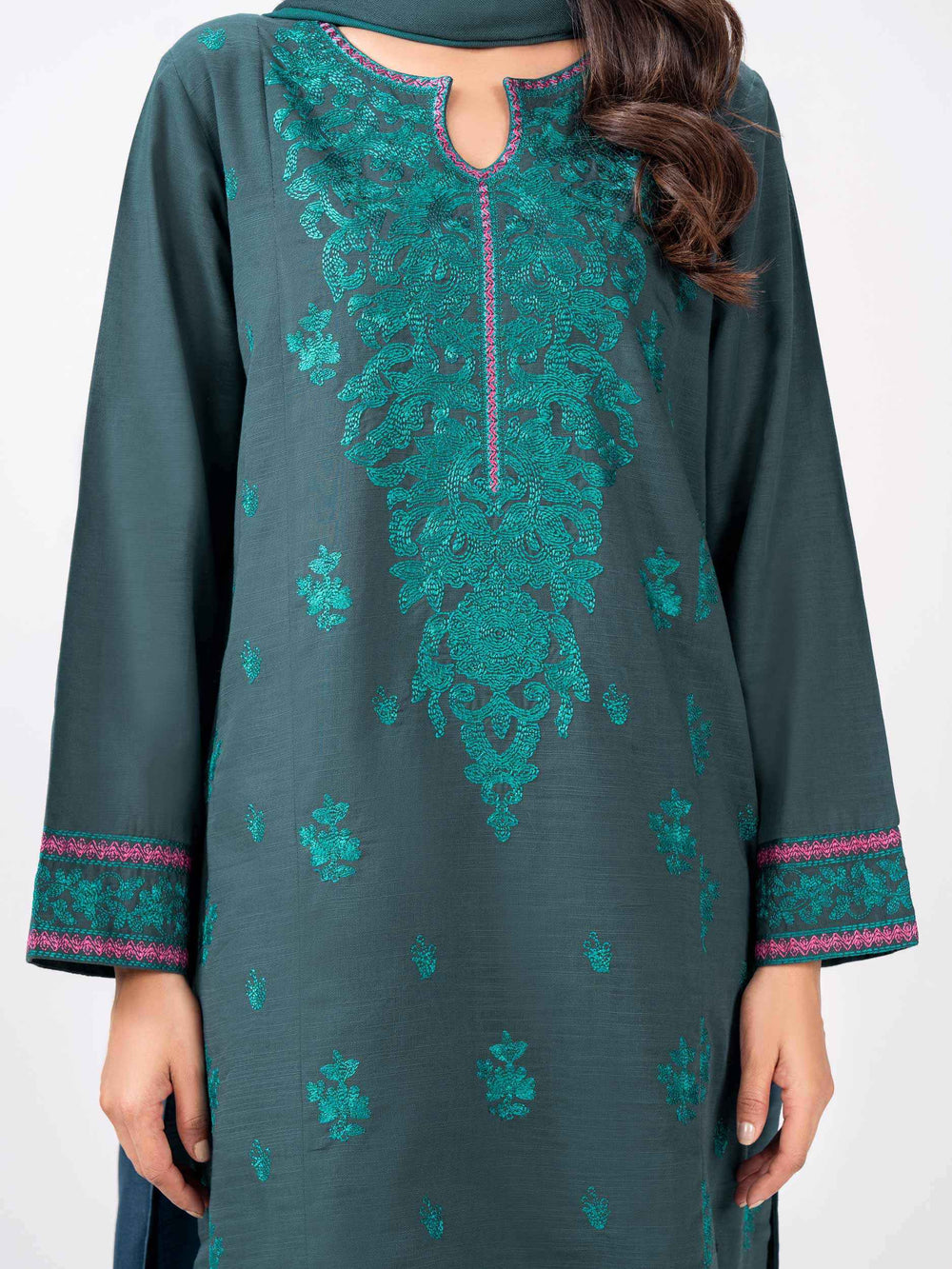 3 Piece Slub Khaddar Suit- Embroidered (Pret)