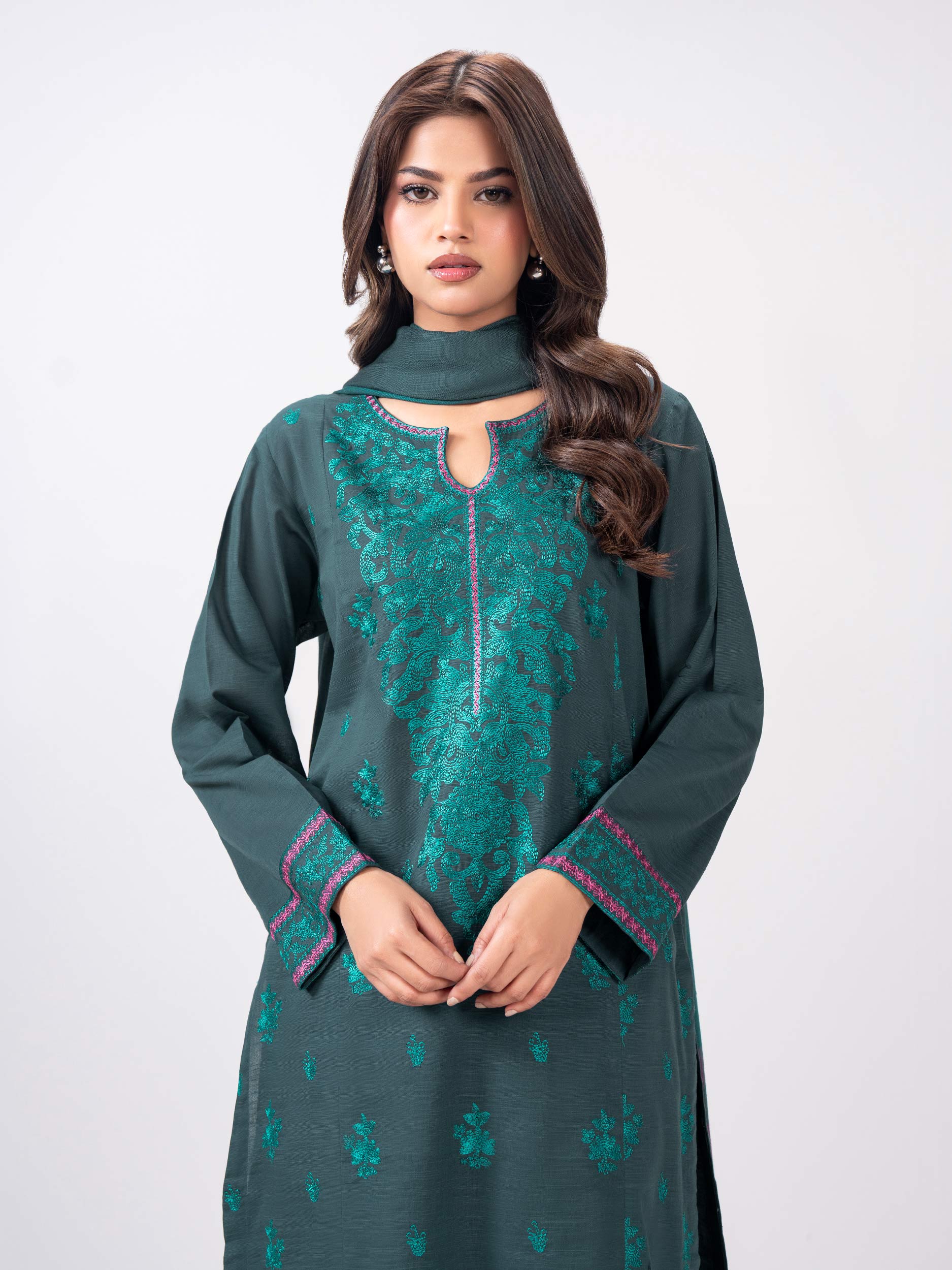 3 Piece Slub Khaddar Suit- Embroidered (Pret)