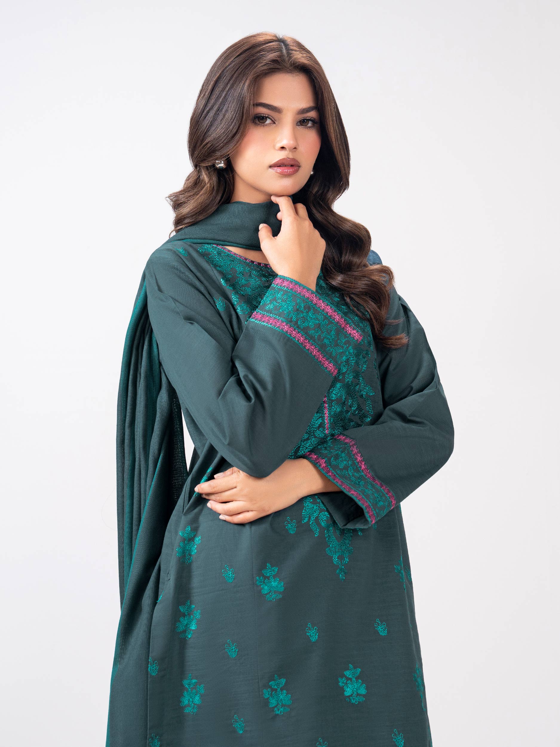3 Piece Slub Khaddar Suit- Embroidered (Pret)