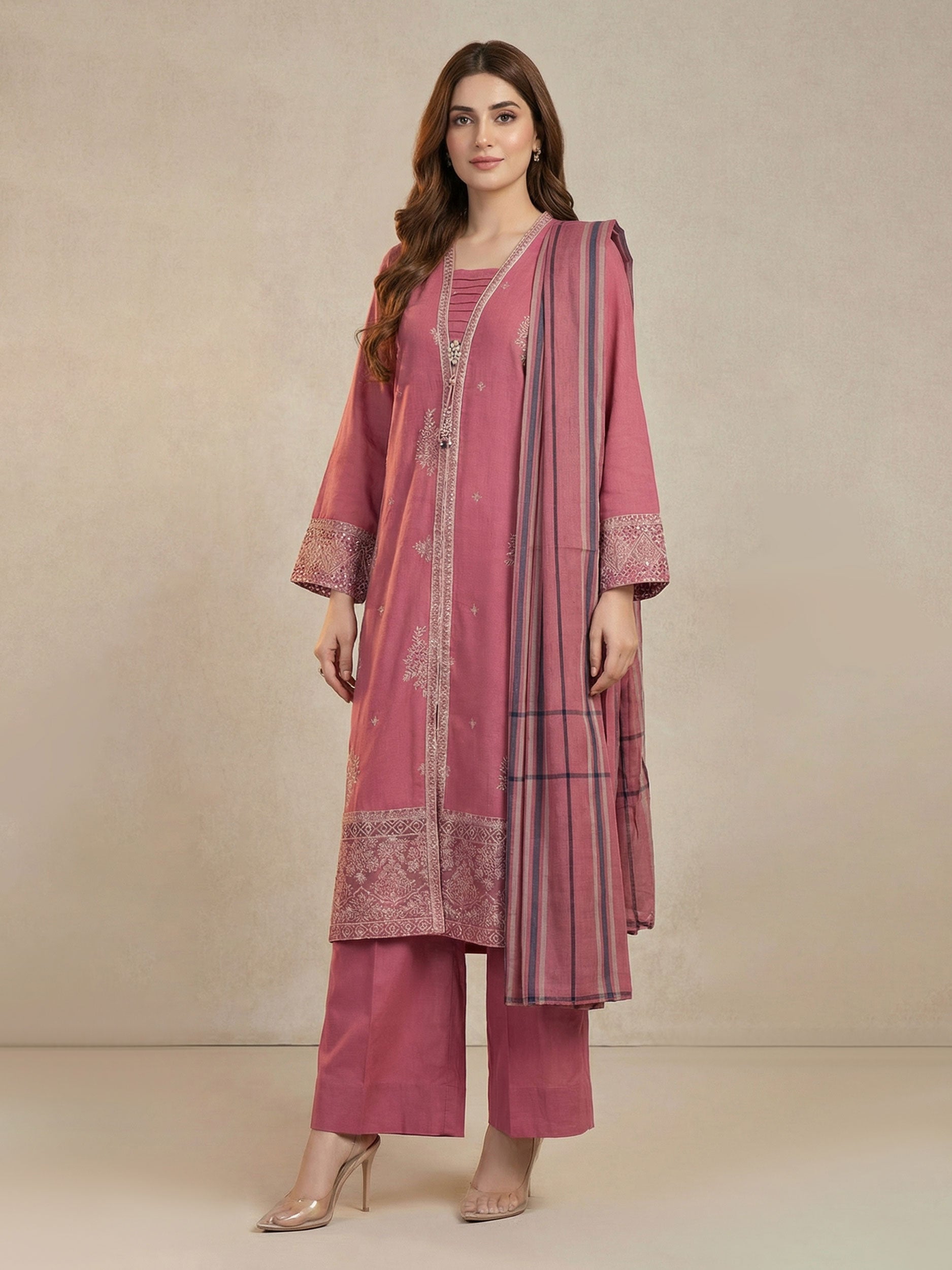 3 Piece Khaddar Suit- Embroidered (Pret)