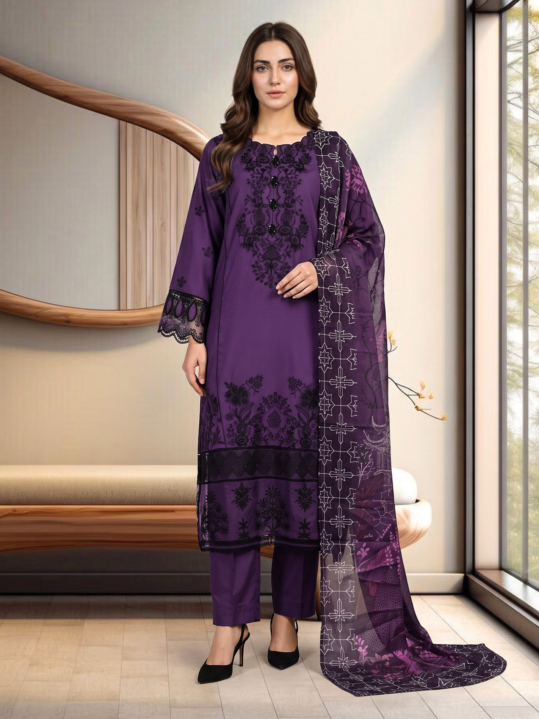 3 Piece Silk Premium Suit- Embroidered (Pret)
