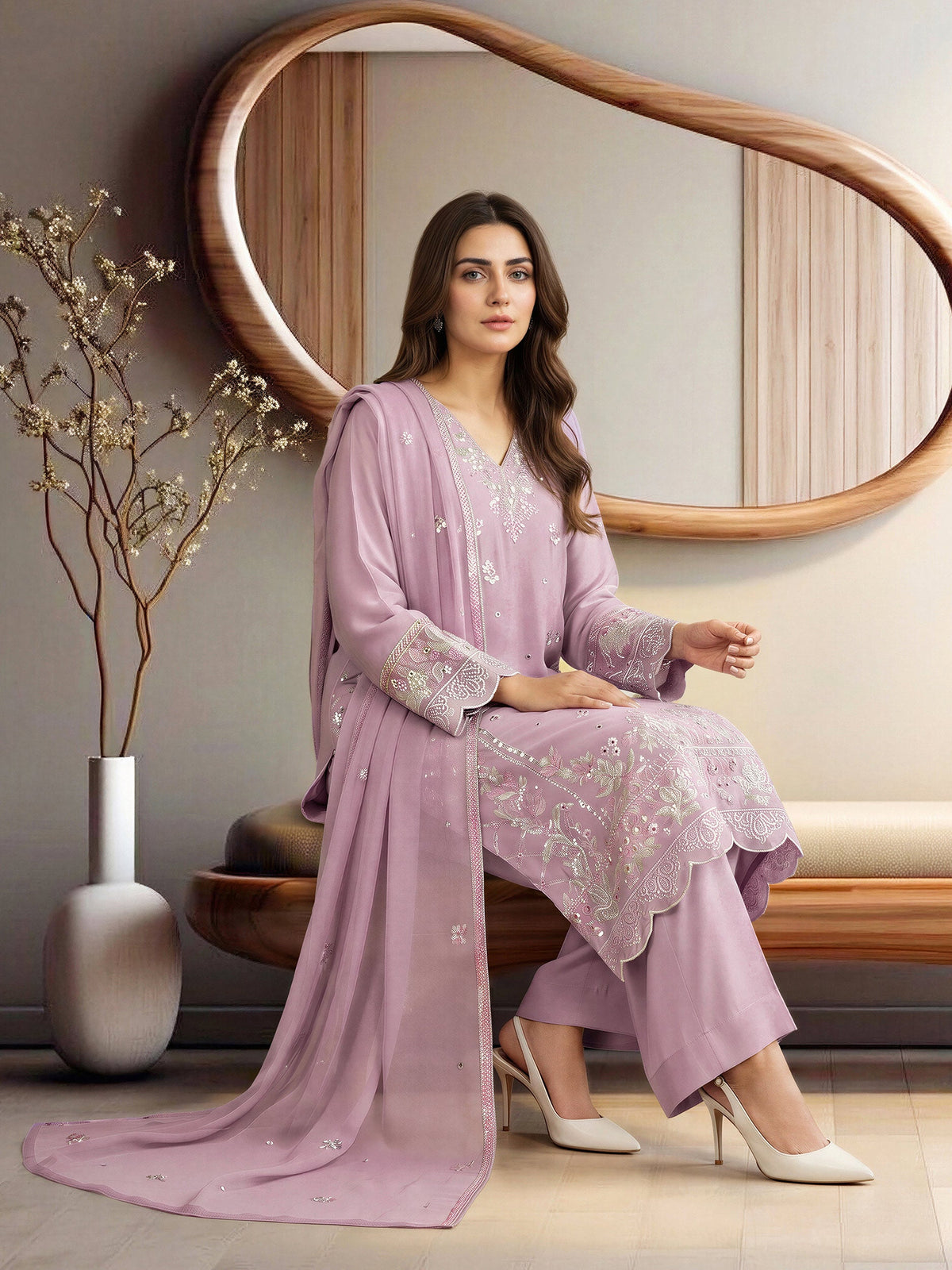 3 Piece Silk Premium Suit- Embroidered (Pret)
