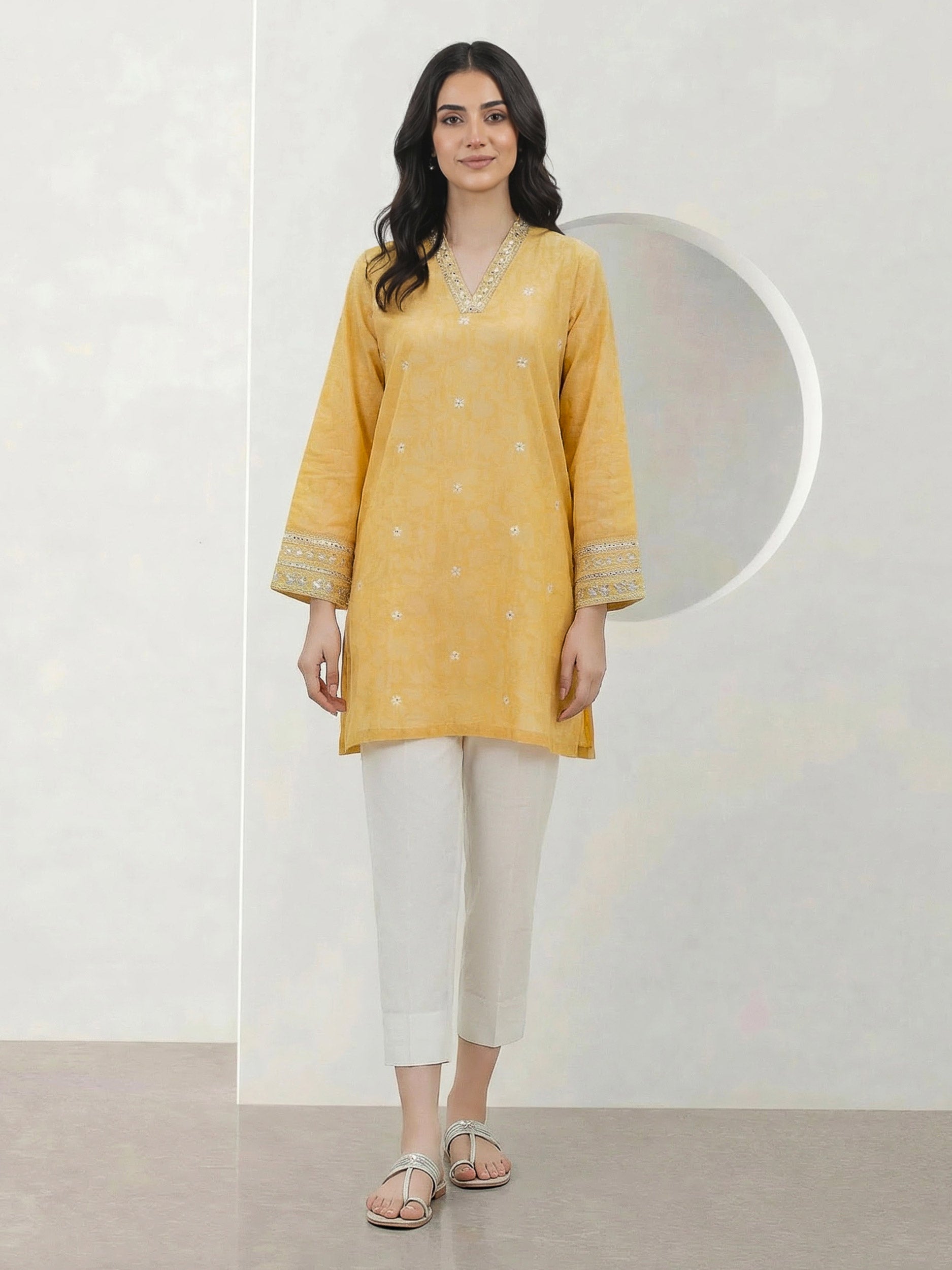 Jacquard Yarn Dyed Kurti- Embroidered (Pret)
