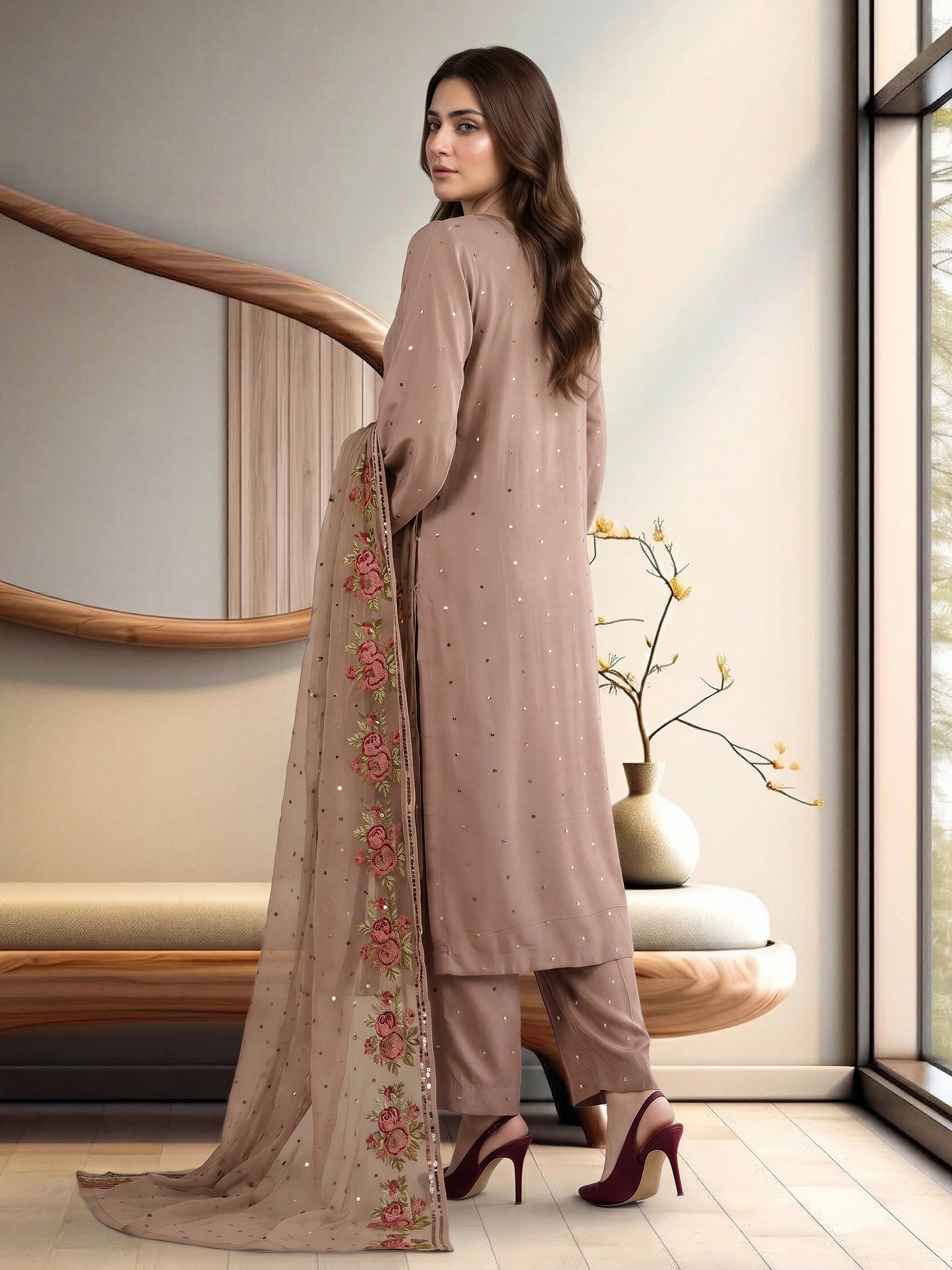 3 Piece Crepe Suit- Embroidered (Pret)