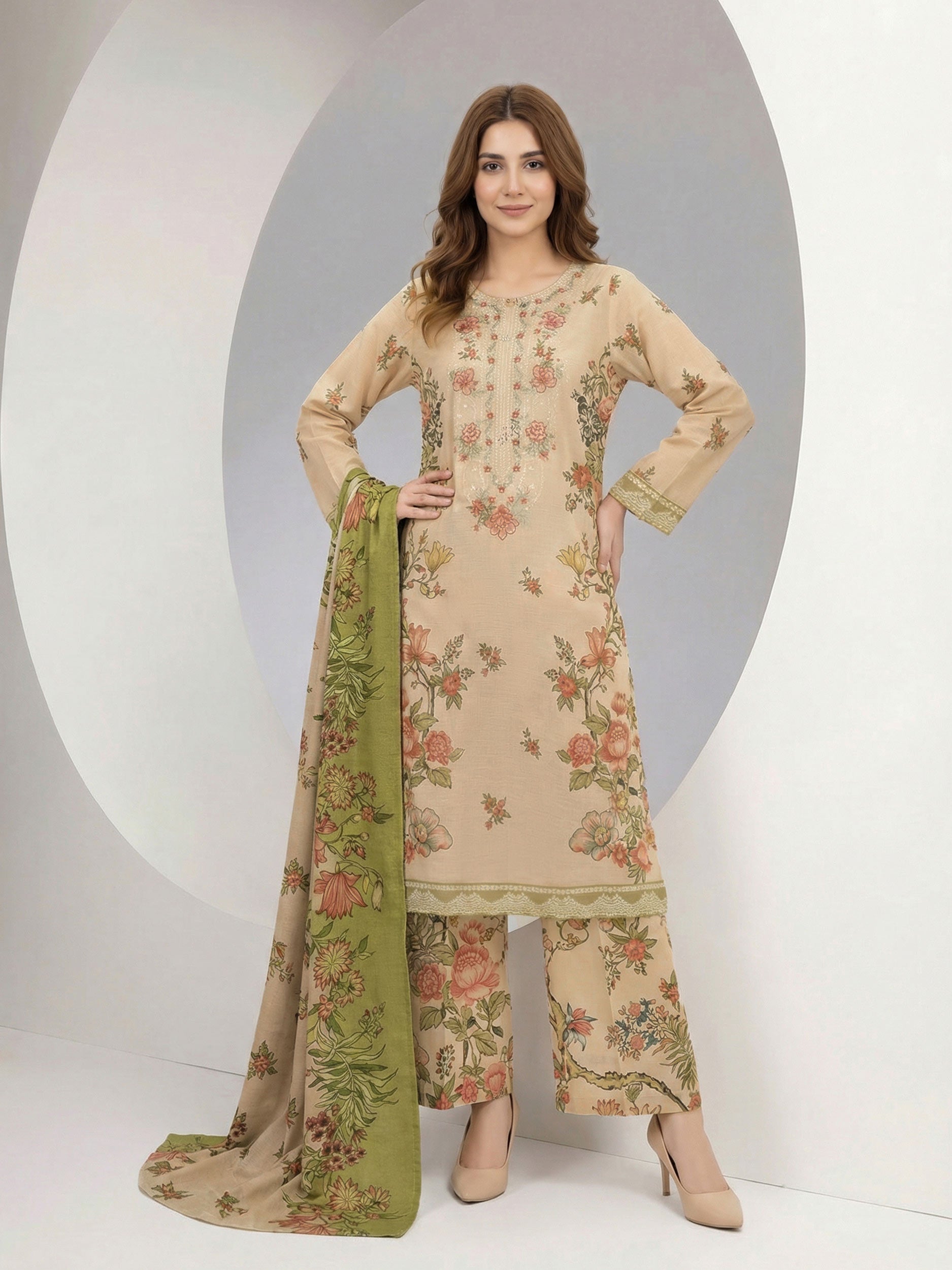 3 Piece Slub Khaddar Suit- Embroidered (Pret)