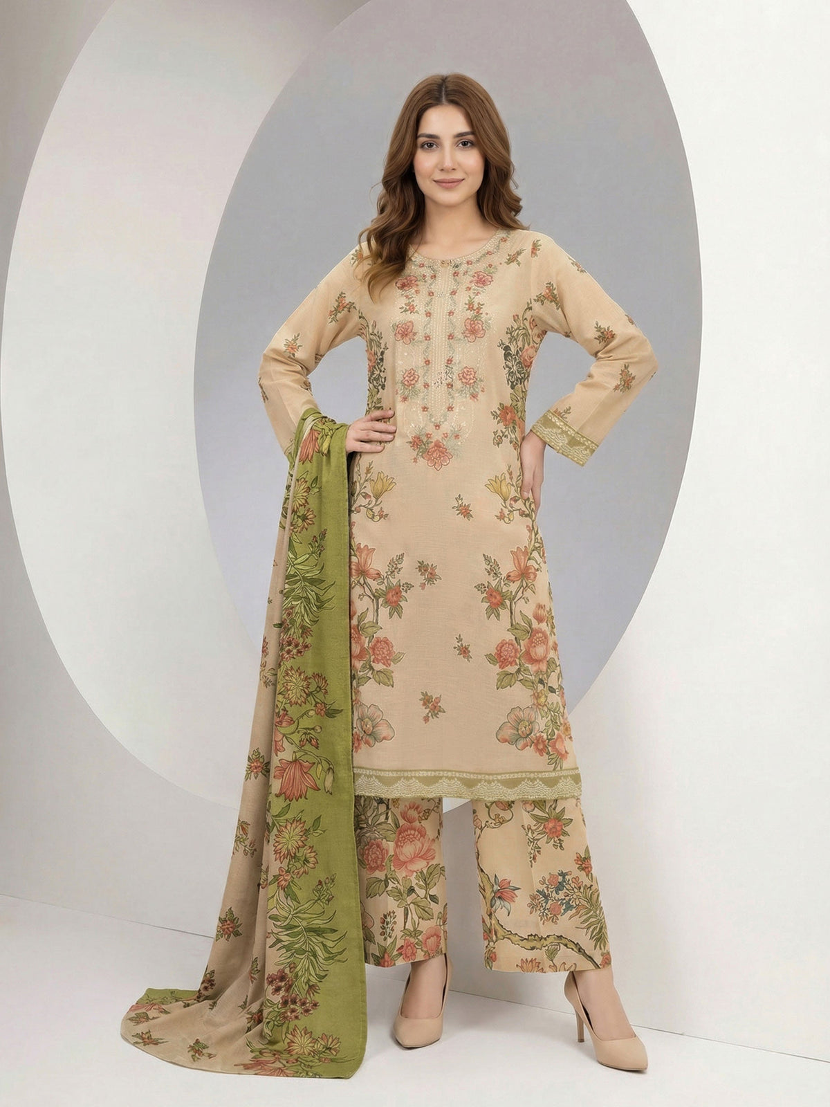 3 Piece Slub Khaddar Suit- Embroidered (Pret)