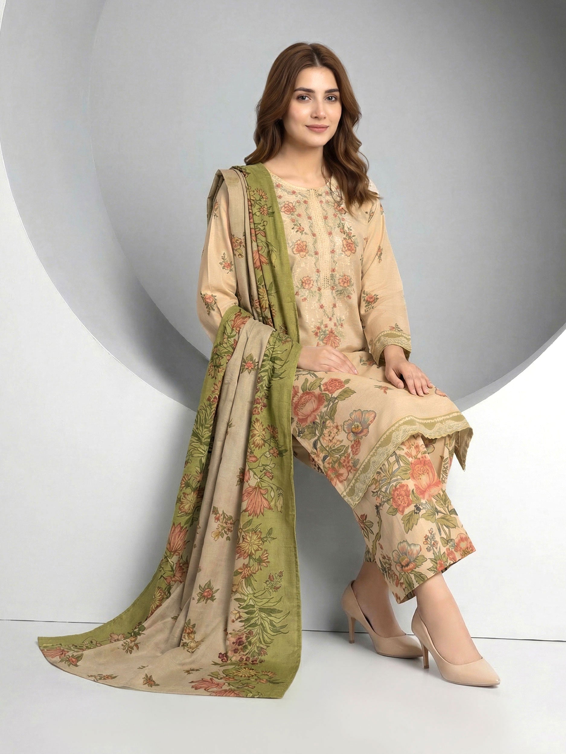 3 Piece Slub Khaddar Suit- Embroidered (Pret)