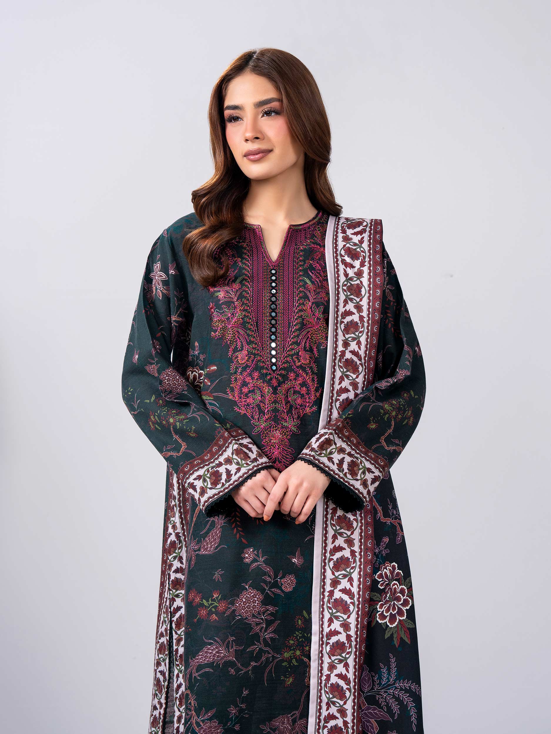 3 Piece Slub Khaddar Suit- Embroidered (Pret)