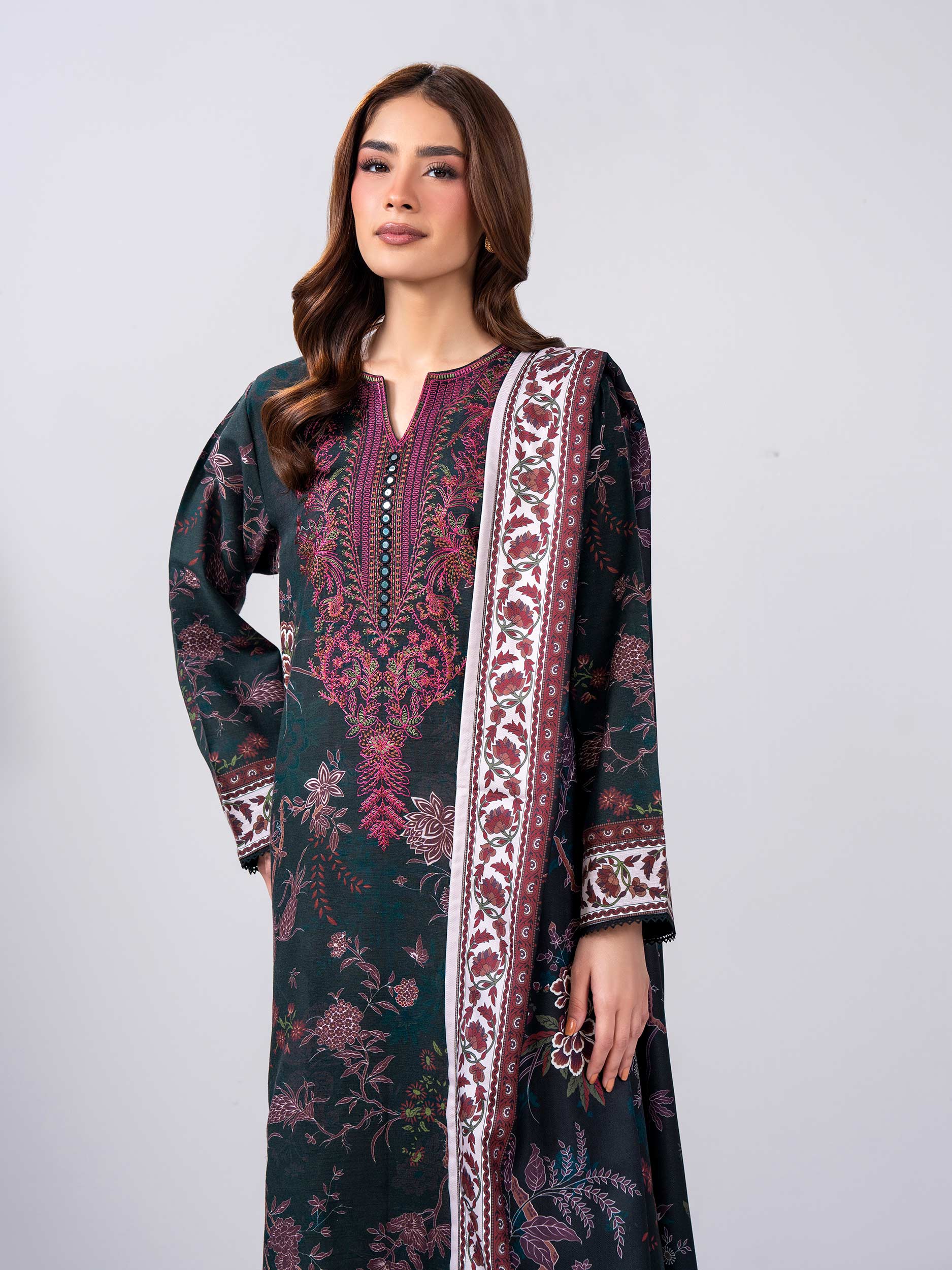 3 Piece Slub Khaddar Suit- Embroidered (Pret)