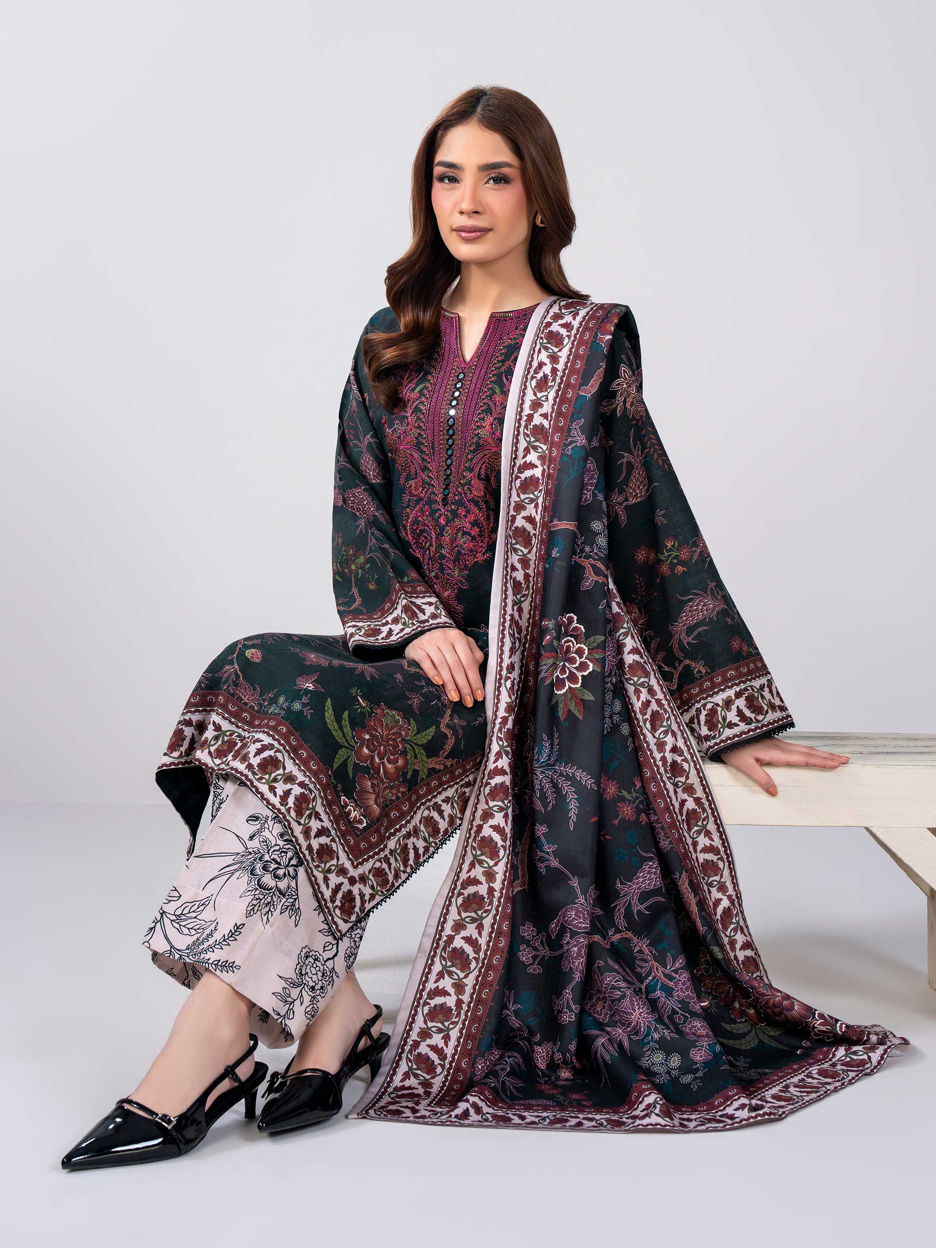 3 Piece Slub Khaddar Suit- Embroidered (Pret)