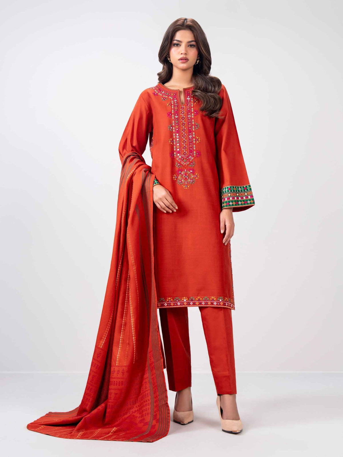 3 Piece Slub Khaddar Suit- Embroidered (Pret)