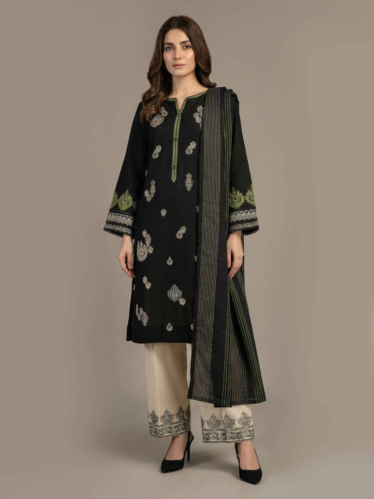 3 Piece Slub Khaddar- Embroidered (Pret)