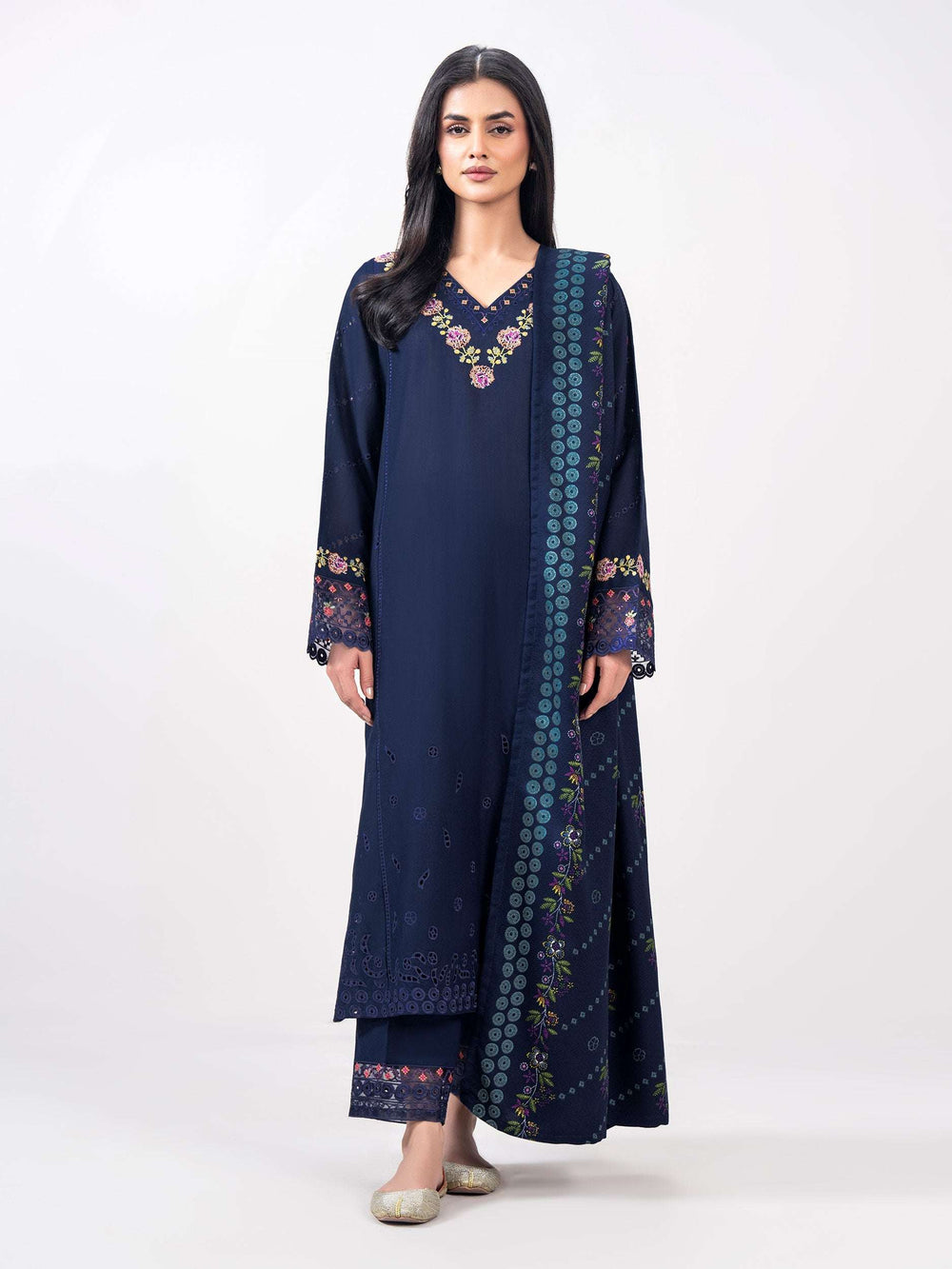 3 Piece Slub Khaddar Suit- Embroidered (Pret)
