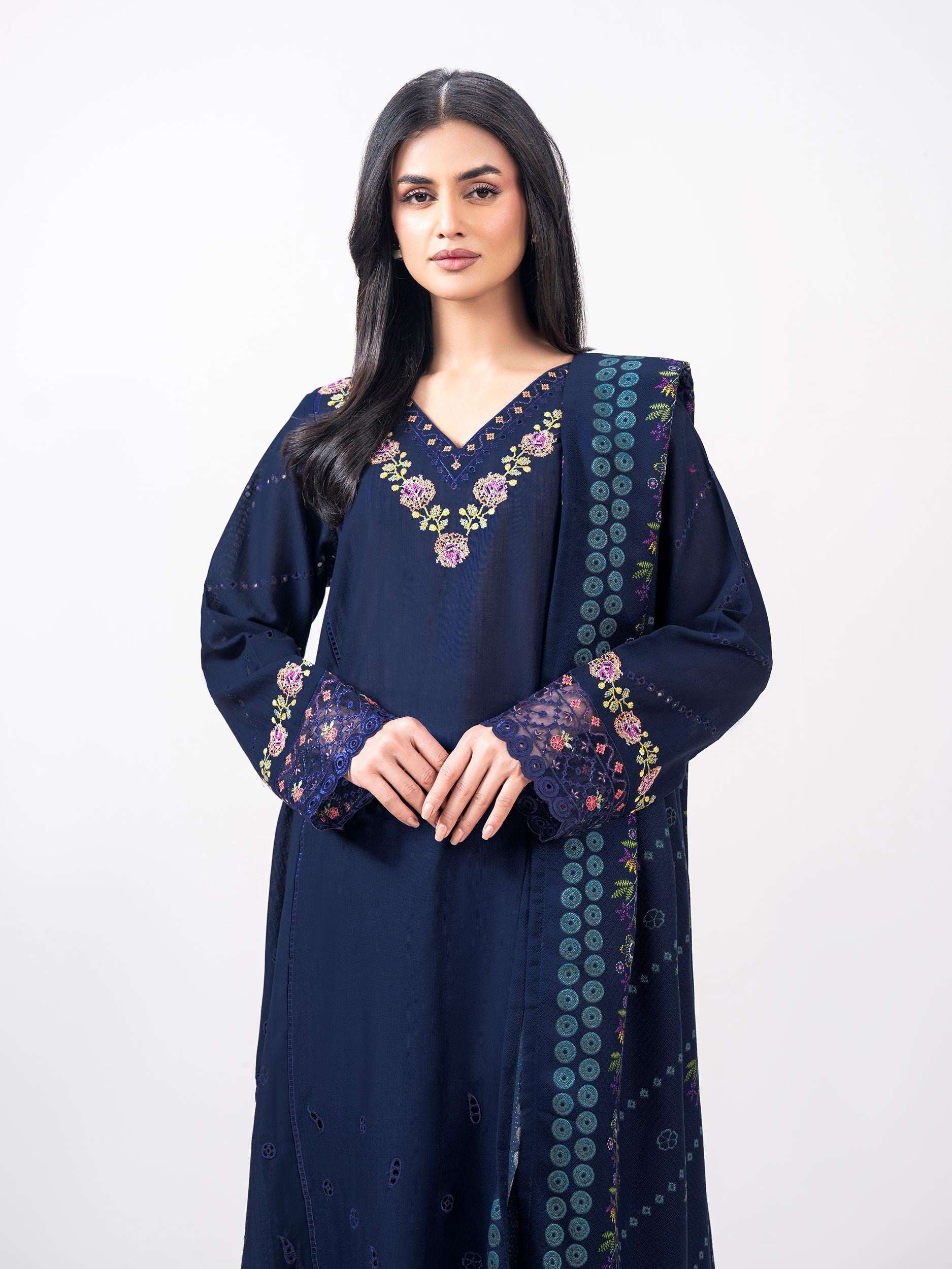 3 Piece Slub Khaddar Suit- Embroidered (Pret)