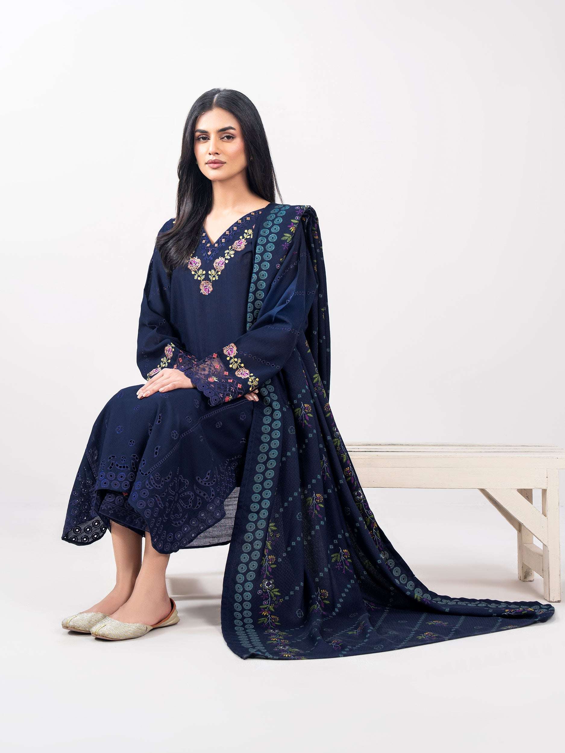 3 Piece Slub Khaddar Suit- Embroidered (Pret)
