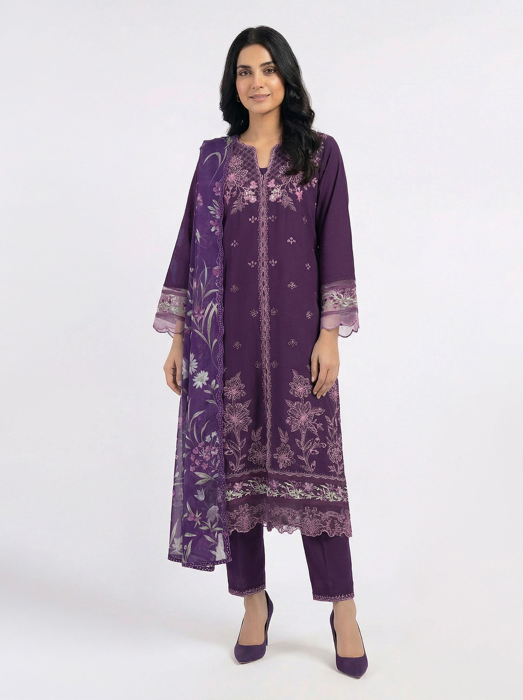 3 Piece Satin Suit- Embroidered (Pret)