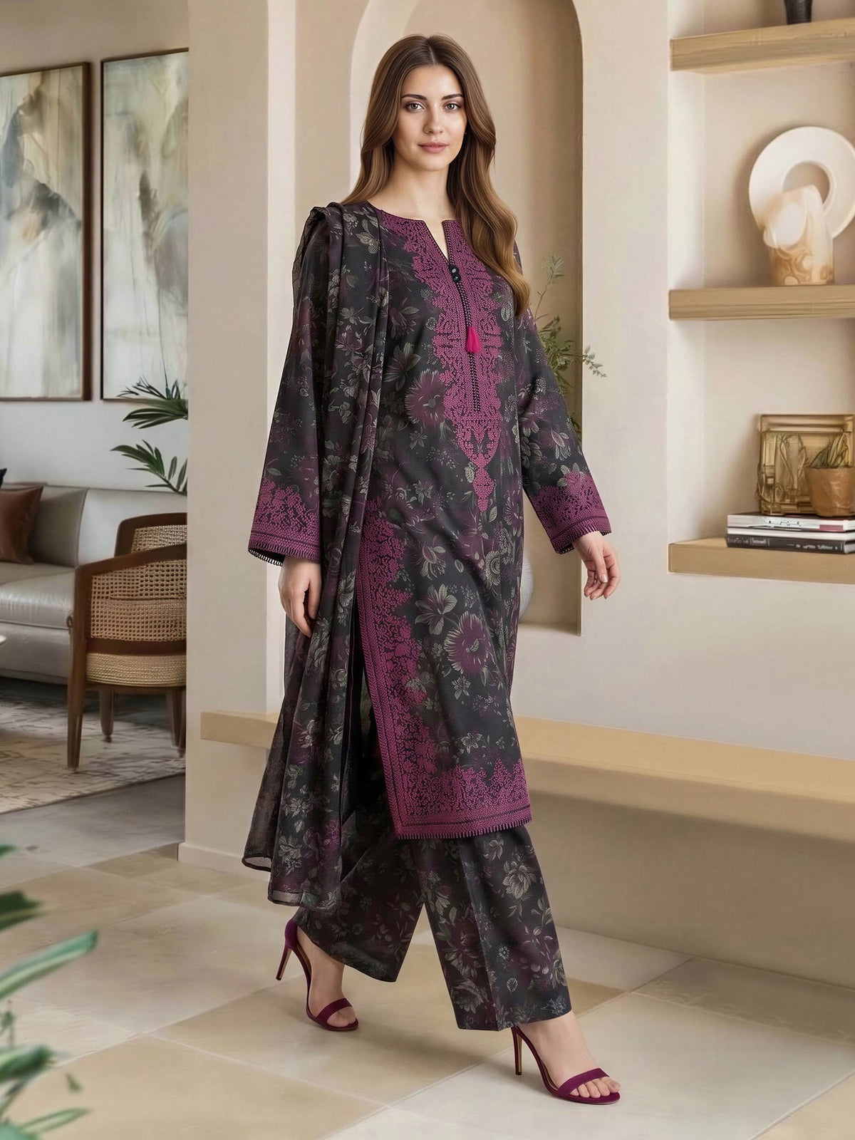 3 Piece Lawn Slub Suit (Pret)